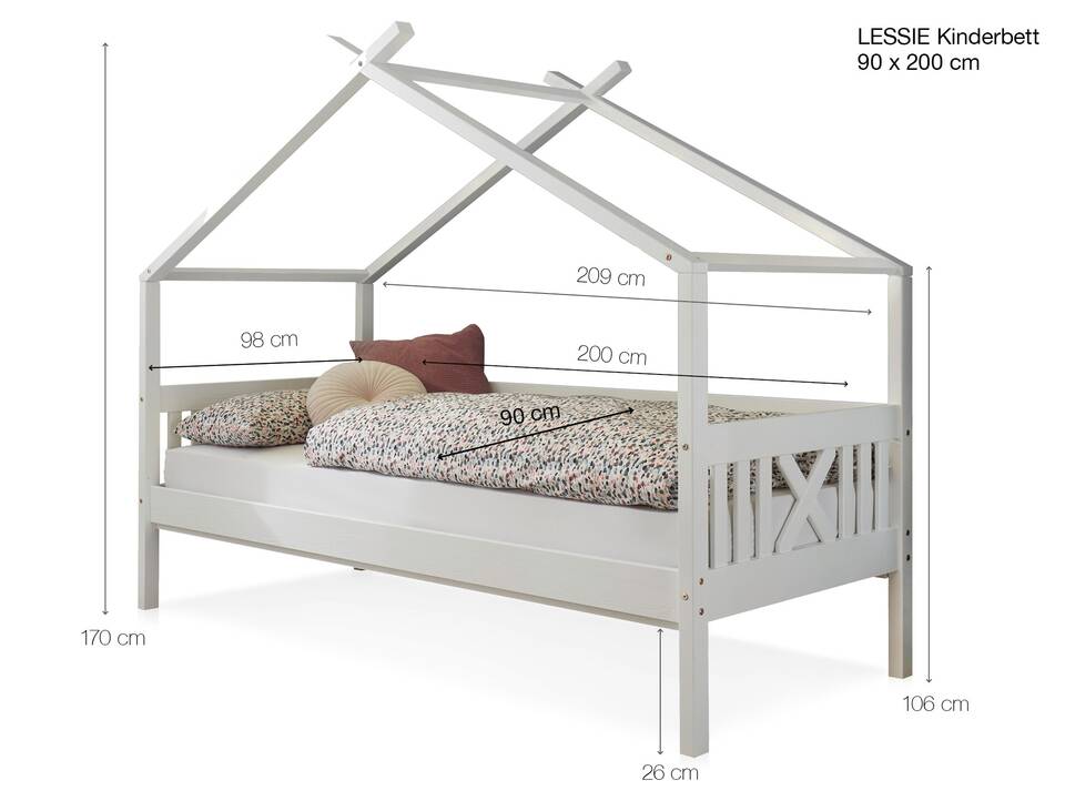 LESSIE Pfostenbett mit Dach/ Hausbett, Material Massivholz, Kiefer weiss 