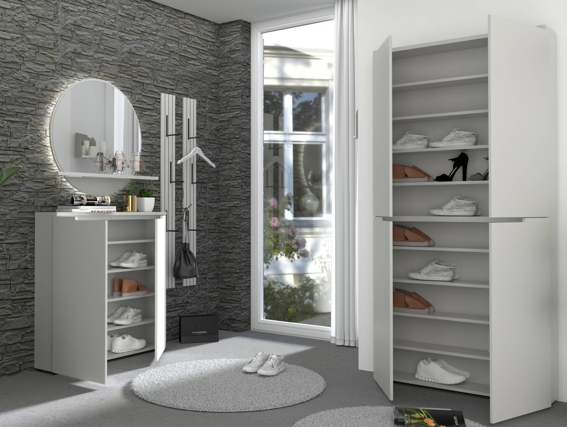 BUDAPEST Schuhschrank hoch, Material Dekorspanplatte, lichtgrau 