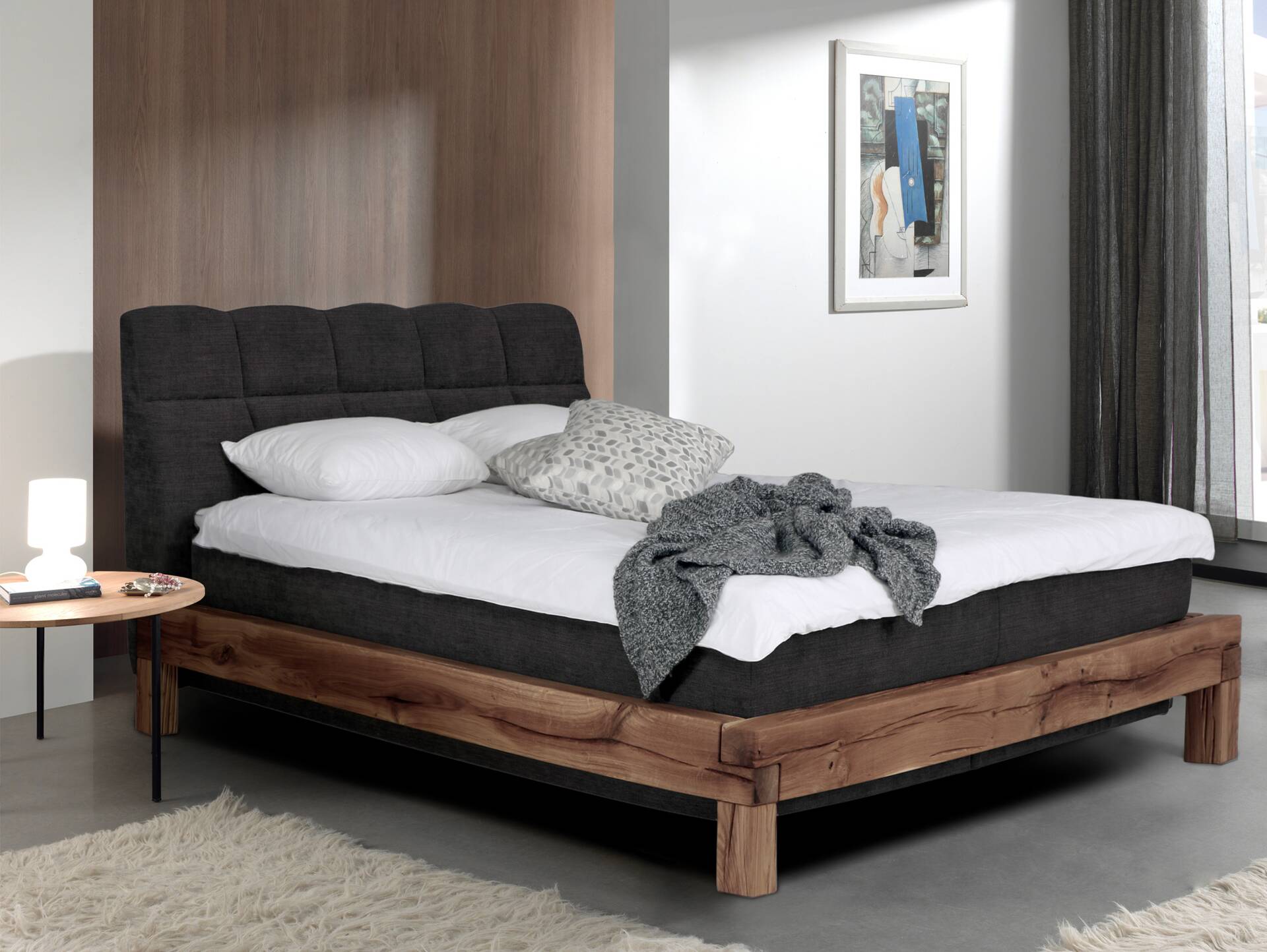 BAGIRO Balkenbett/Boxspringbett, Material Massivholz Eiche/Bezug Stoff Anthrazit 