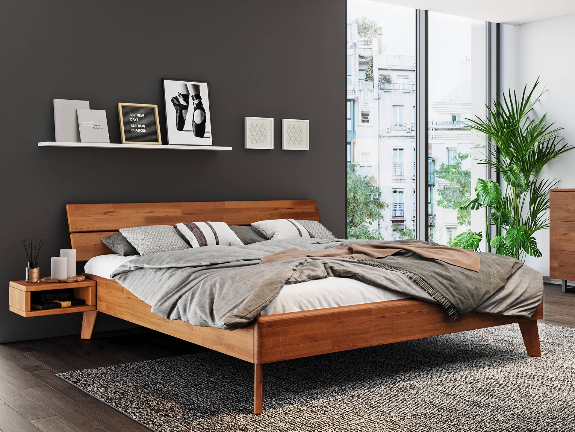 CALIDO 4-Fuß-Bett, Material Massivholz, mit/ohne Kopfteil 160 x 200 cm | Buche nussbaumfarbig gedämpft | Standardhöhe | mit Kopfteil