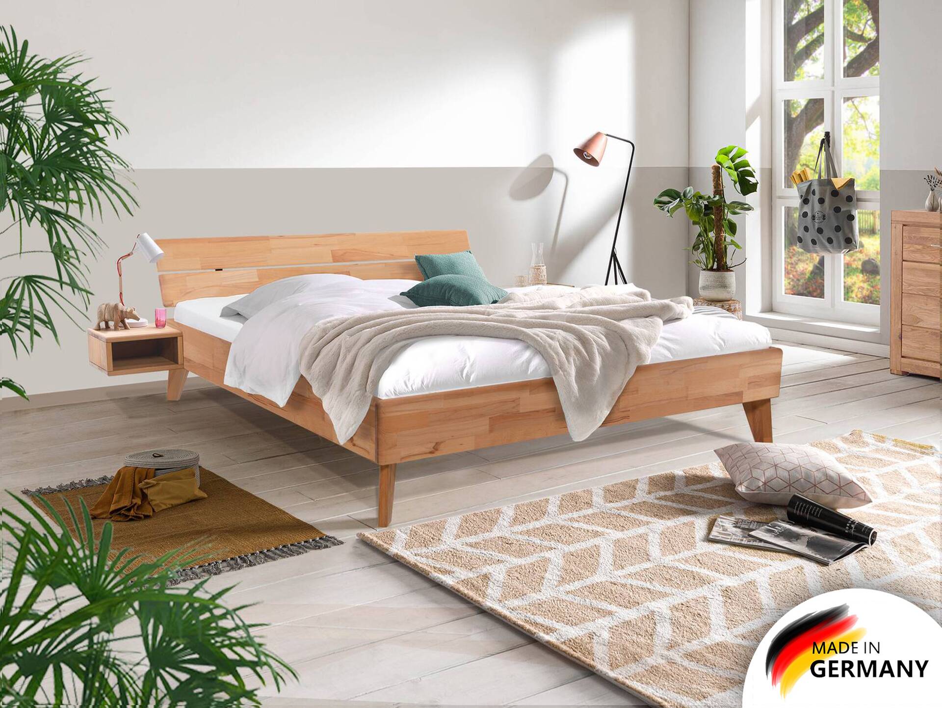 CALIDO 4-Fuß-Bett, Material Massivholz, mit/ohne Kopfteil 140 x 200 cm | Buche geölt | Standardhöhe | mit Kopfteil