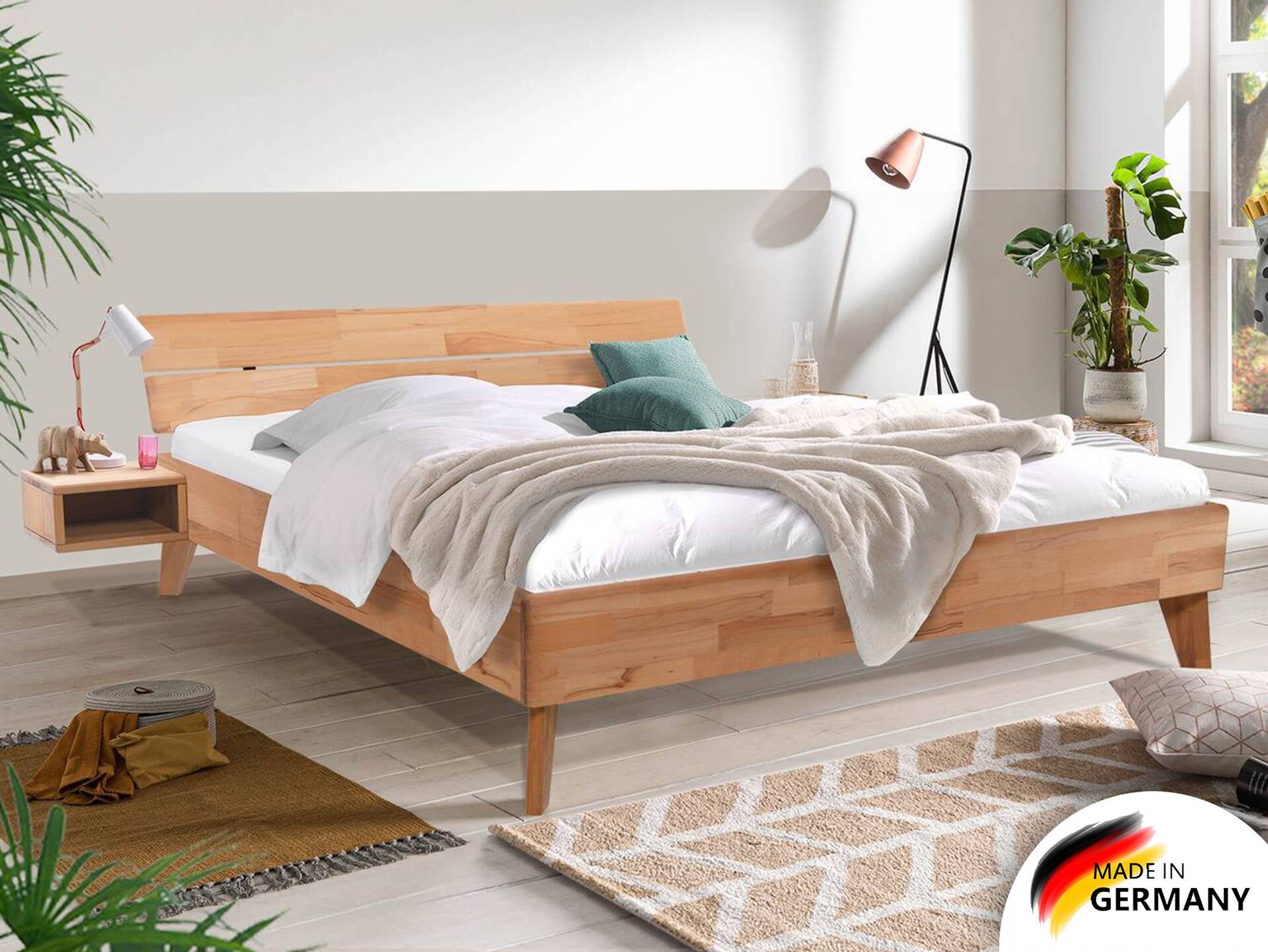 CALIDO 4-Fuß-Bett, Material Massivholz, mit/ohne Kopfteil 120 x 200 cm | Buche geölt | Standardhöhe | ohne Kopfteil