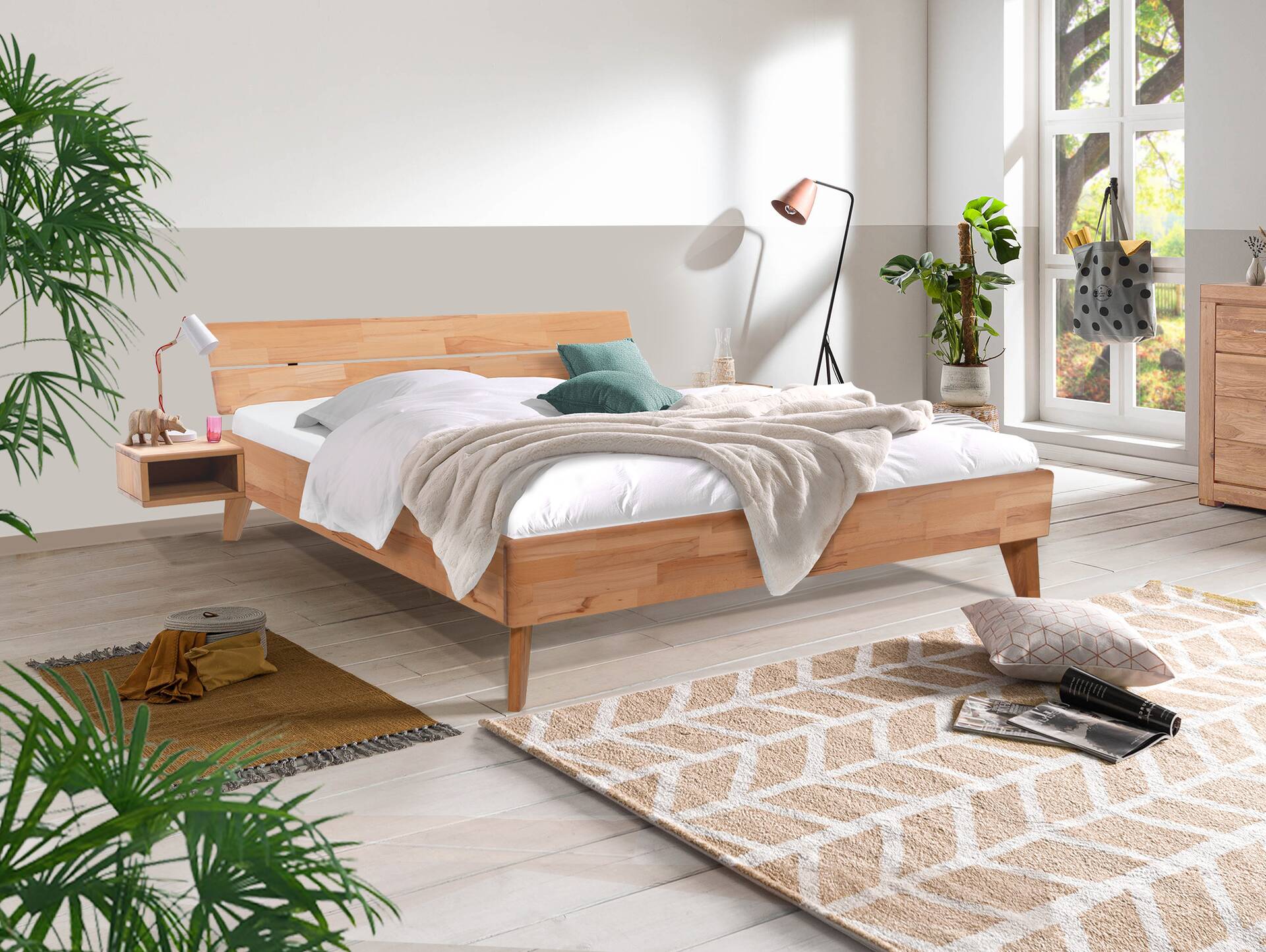 CALIDO 4-Fuß-Bett, Material Massivholz, mit/ohne Kopfteil 180 x 200 cm | Buche geölt | Standardhöhe | mit Kopfteil