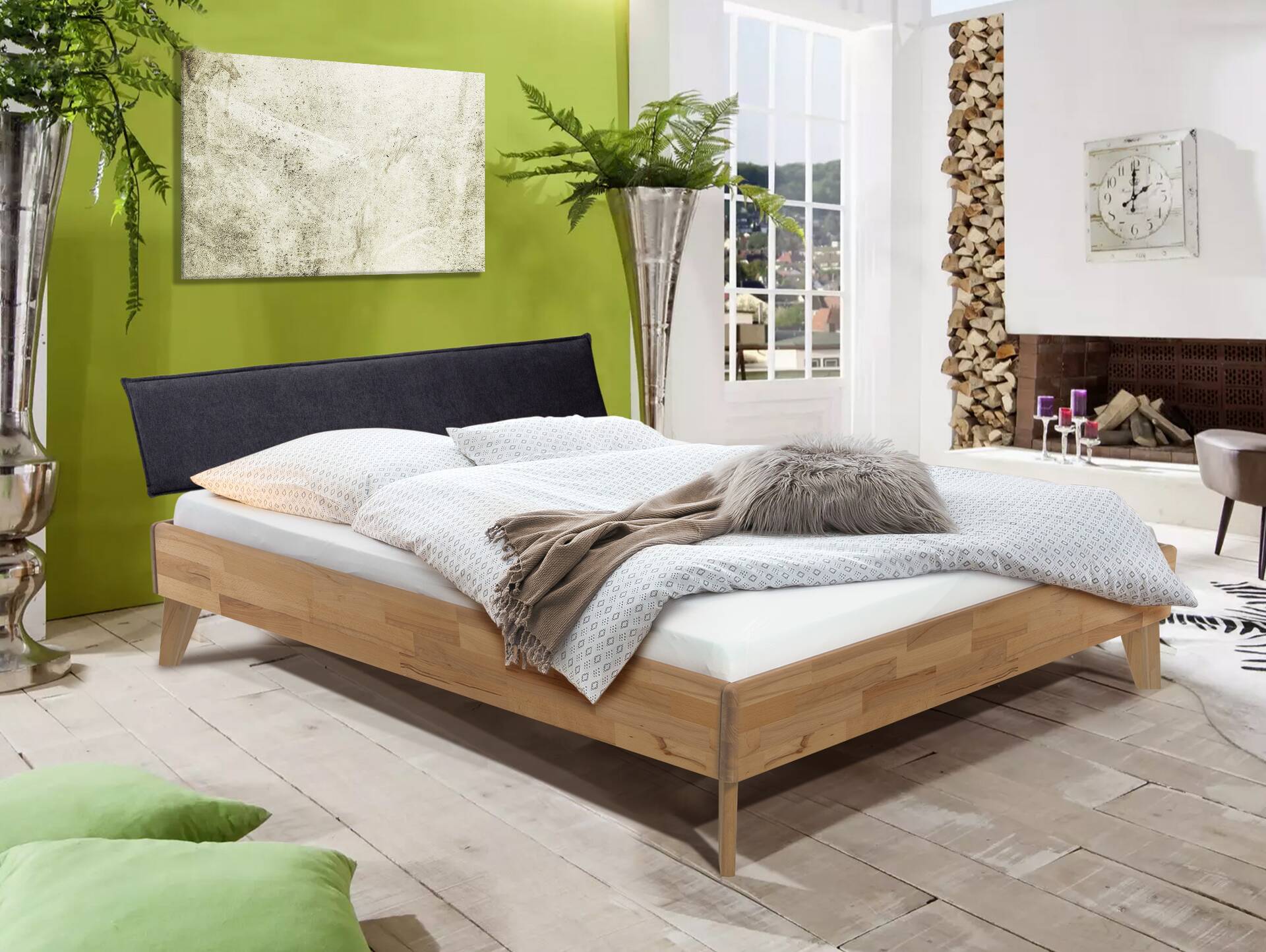 CALIDO 4-Fuß-Bett mit Polster-Kopfteil, Material Massivholz 200 x 220 cm | Eiche geölt | Stoff Anthrazit | Standardhöhe