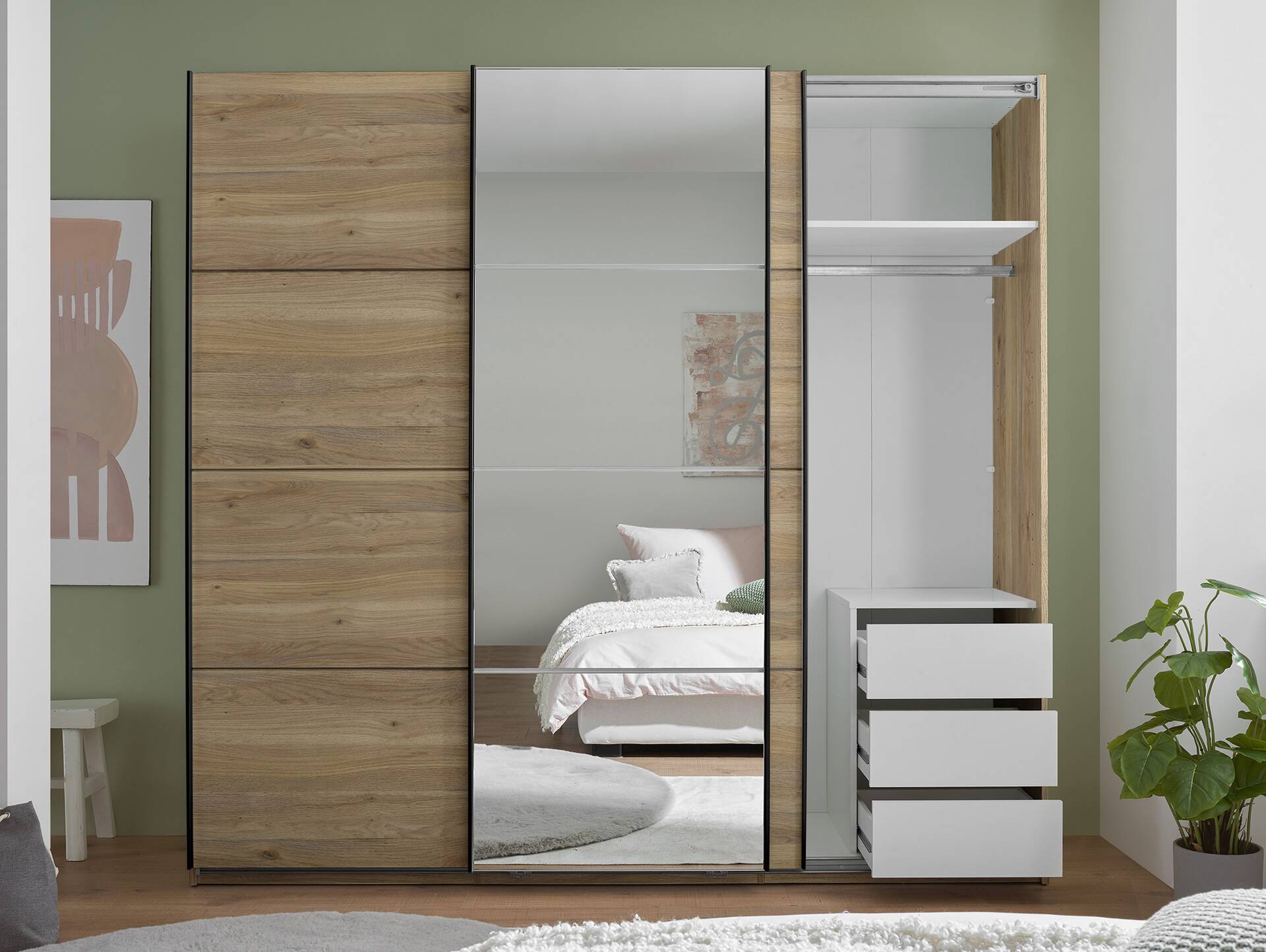 CORANO Schwebetürenschrank, Material Dekorspanplatte Mauvella Eiche Nachbildung 