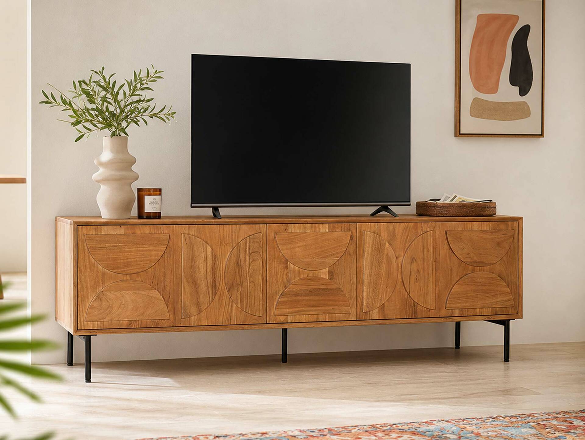 CATANDO TV-Element, Material Massivholz, Akazie honigfarben/Abs. schwarz 