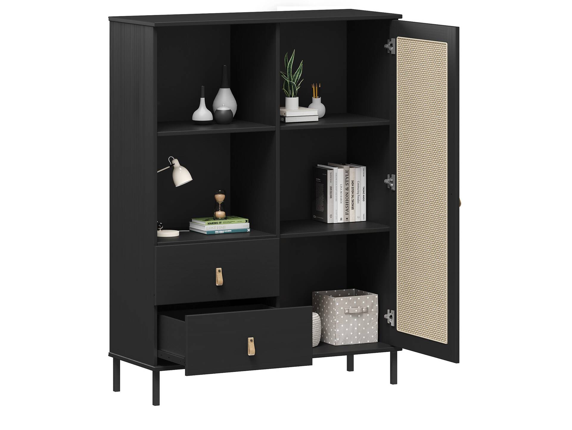 CINOY Highboard I, Material Massivholz, Kiefer lackiert schwarz