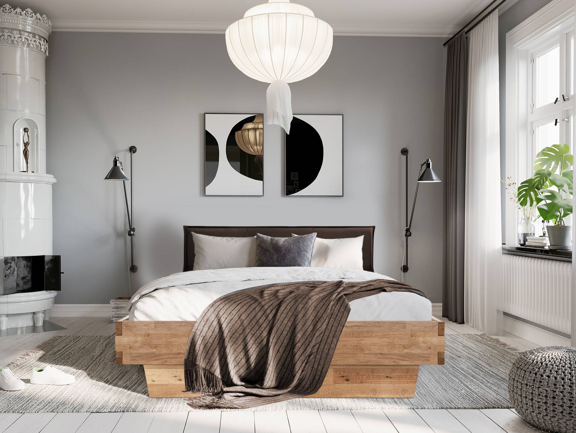 CORDINO Wangenbett aus Eiche mit Polsterkopfteil, Material Massivholz 120 x 200 cm | Eiche unbehandelt | Kunstleder Braun ohne Steppung | gebürstet