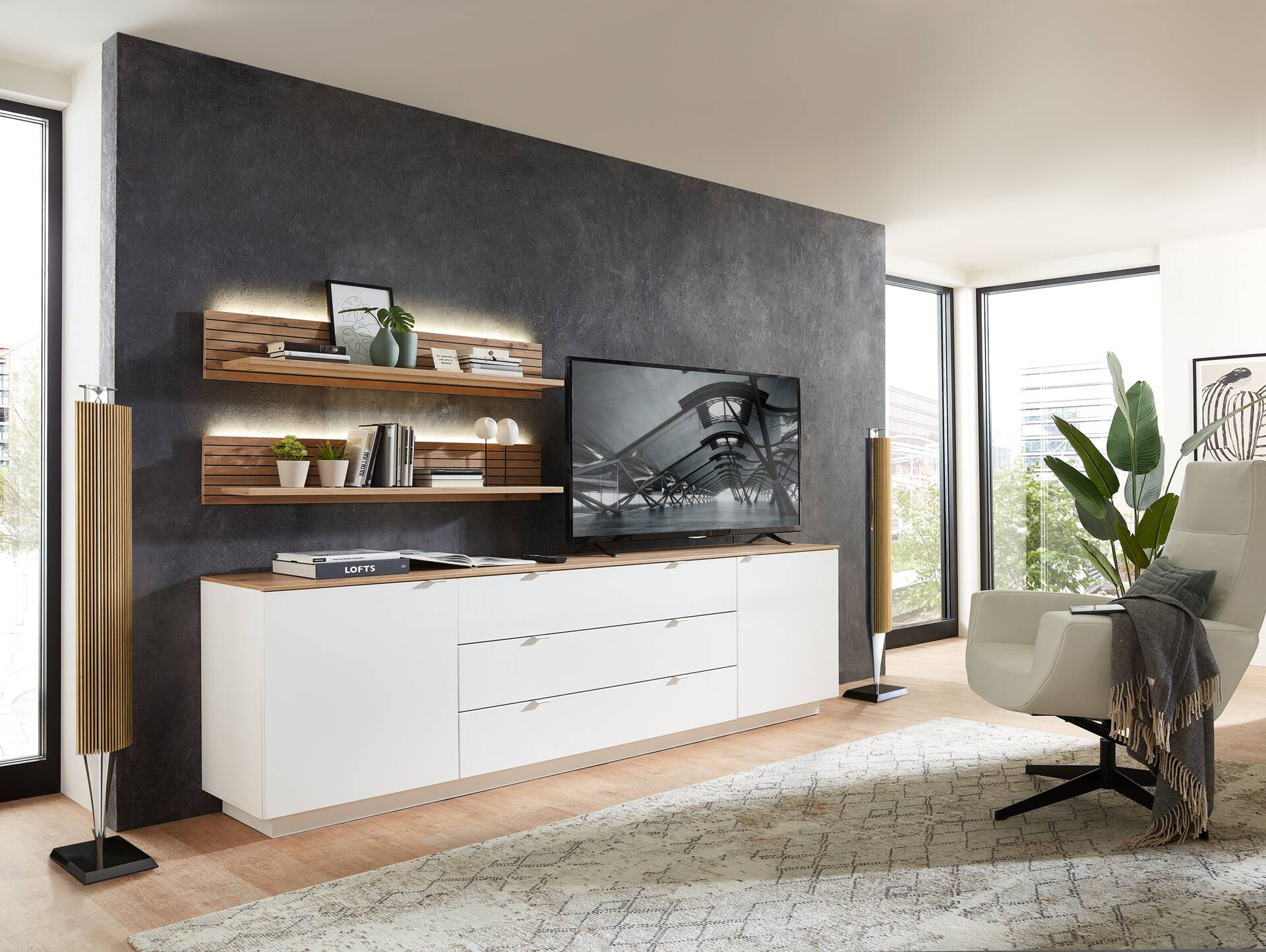 CASSINO TV-Sideboard, Material Dekorspanplatte, Artisan Eiche Nachbildung weiss 