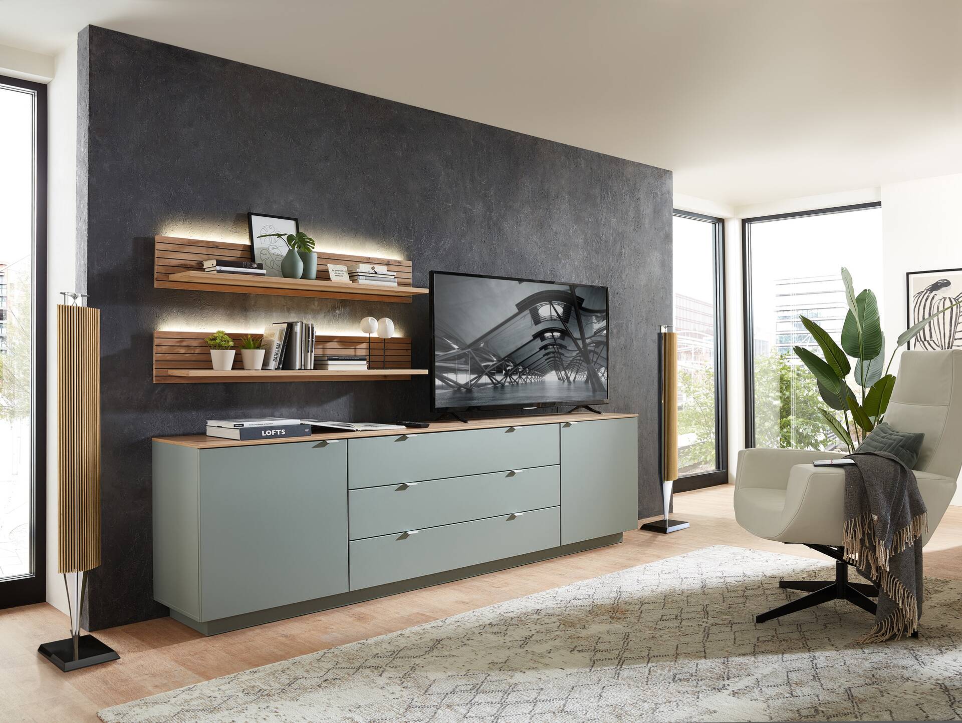 CASSINO TV-Sideboard, Material Dekorspanplatte, Artisan Eiche Nachbildung schilfgrün
