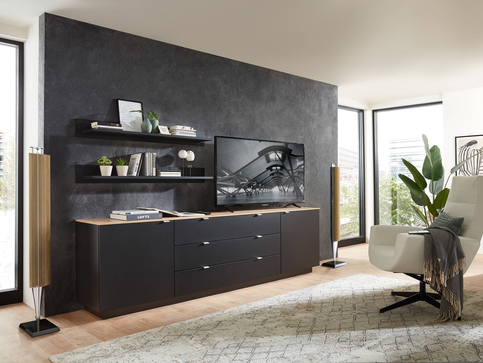 CASSINO TV-Sideboard, Material Dekorspanplatte, Artisan Eiche Nachbildung schwarz