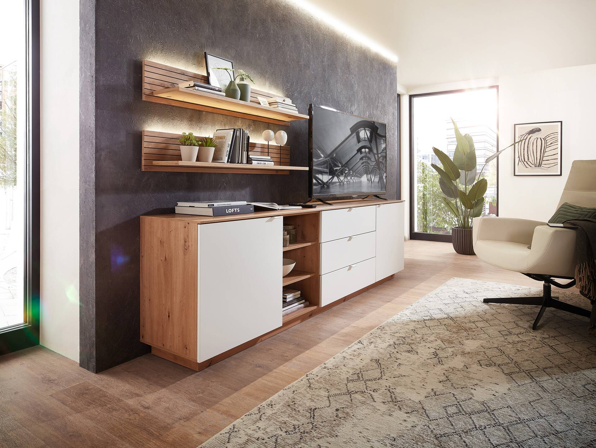 CASSINO TV-Sideboard II, Material Dekorspanplatte, Artisan Eiche Nachbildung weiss