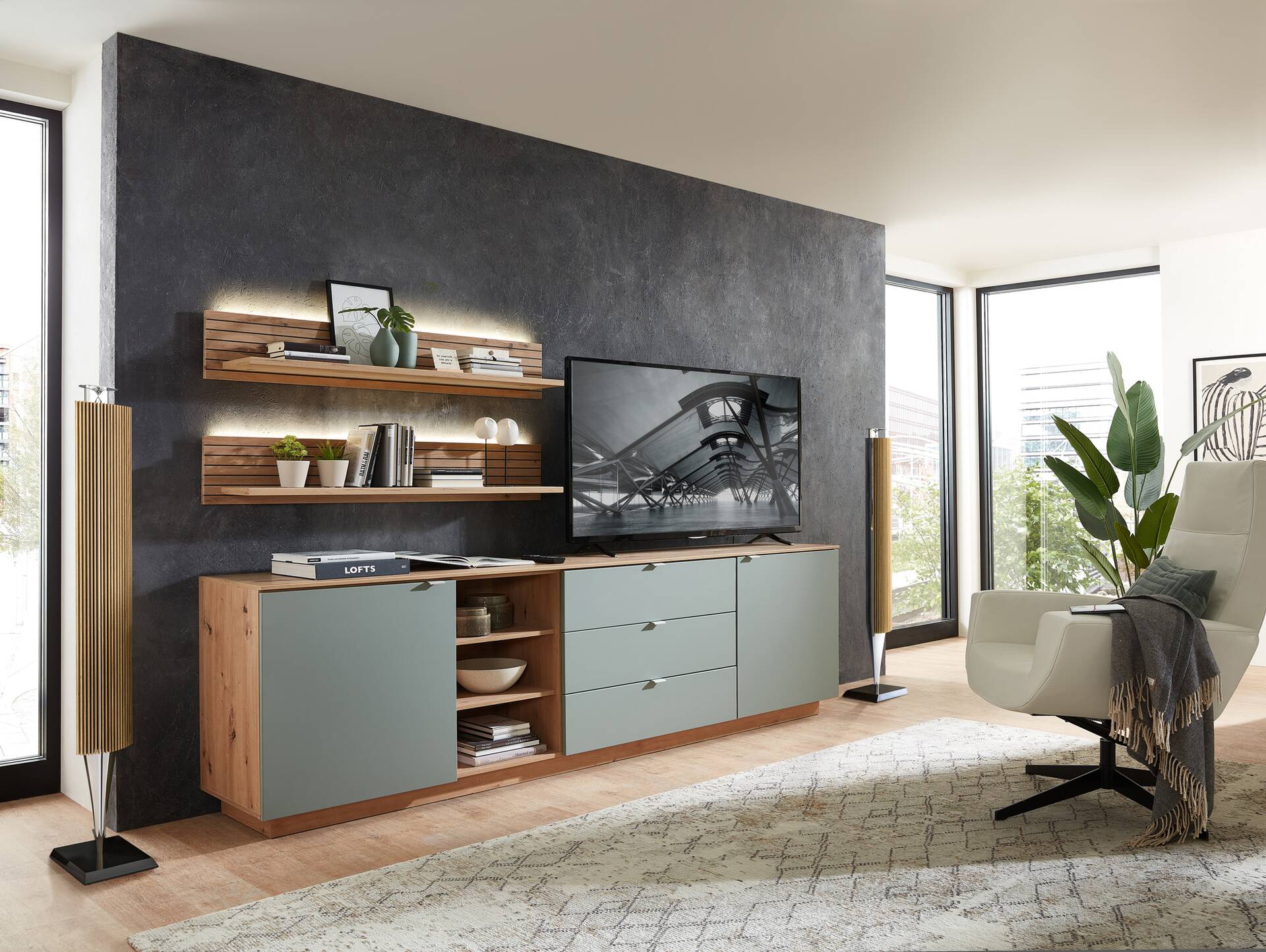 CASSINO TV-Sideboard II, Material Dekorspanplatte, Artisan Eiche Nachbildung schilfgrün