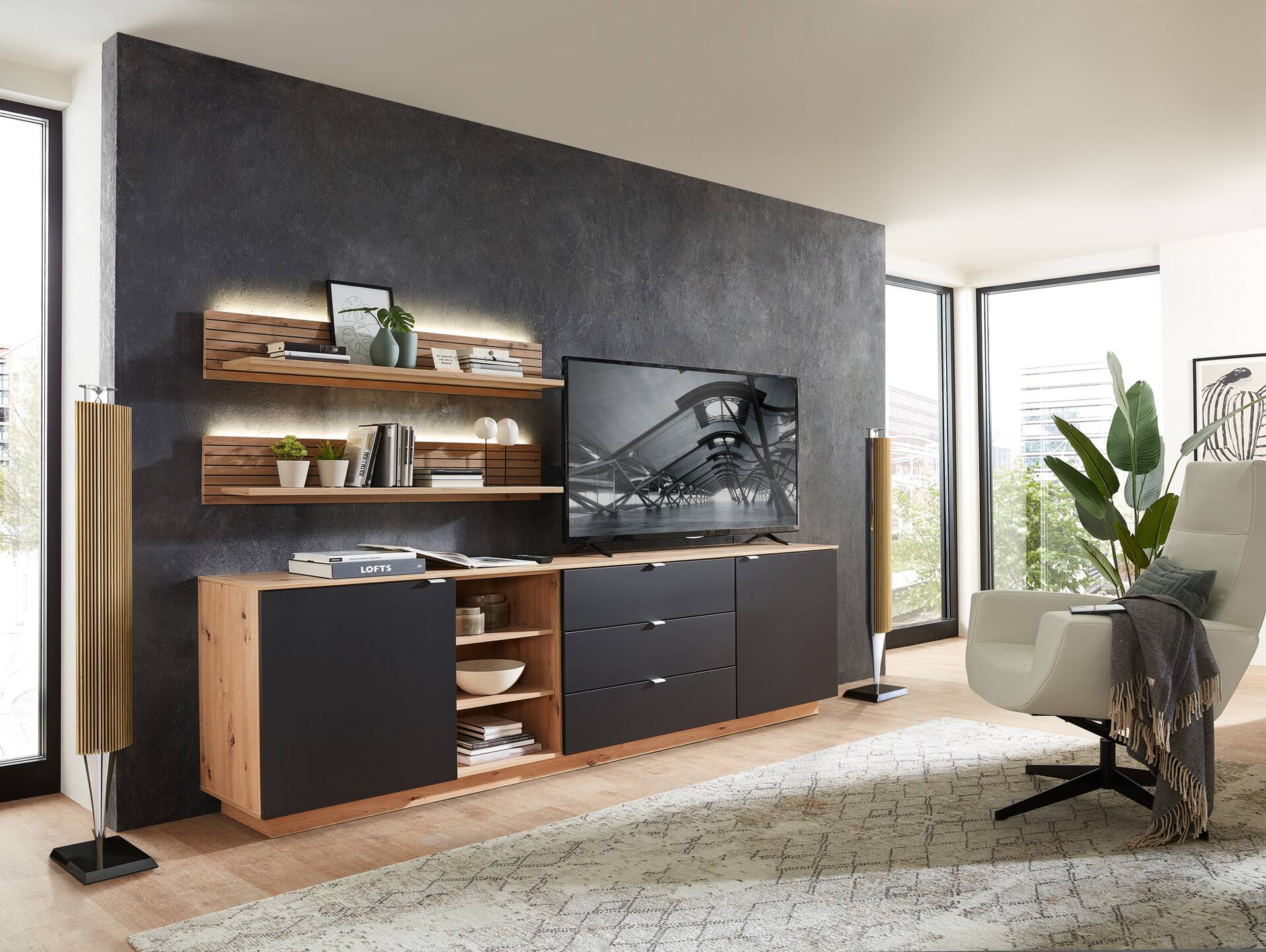 CASSINO TV-Sideboard II, Material Dekorspanplatte, Artisan Eiche Nachbildung schwarz