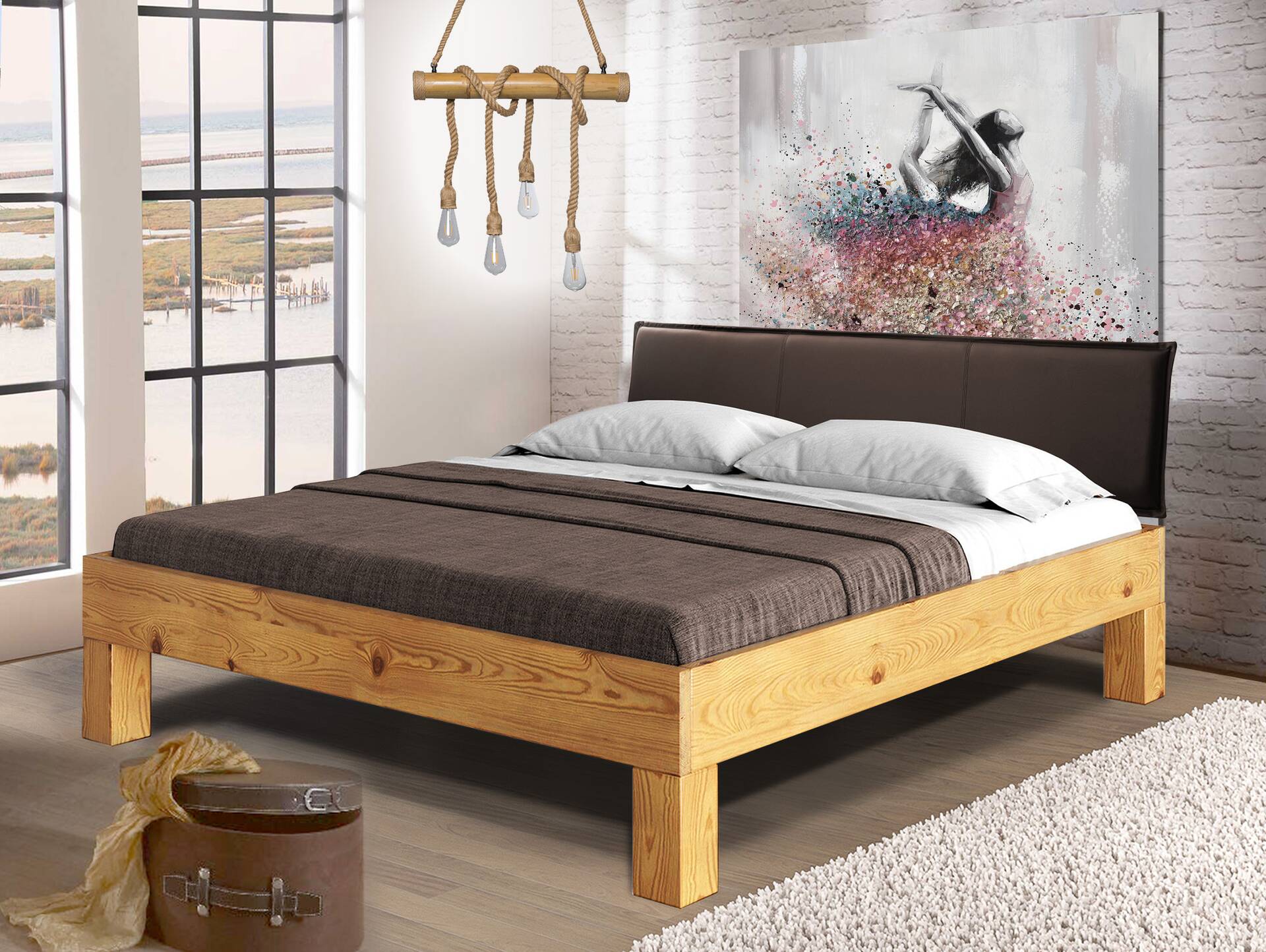 CURBY 4-Fuß-Bett mit Polster-Kopfteil, Material Massivholz, rustikale Altholzoptik, Fichte 140 x 200 cm | natur | Kunstleder Braun ohne Steppung | Standardhöhe