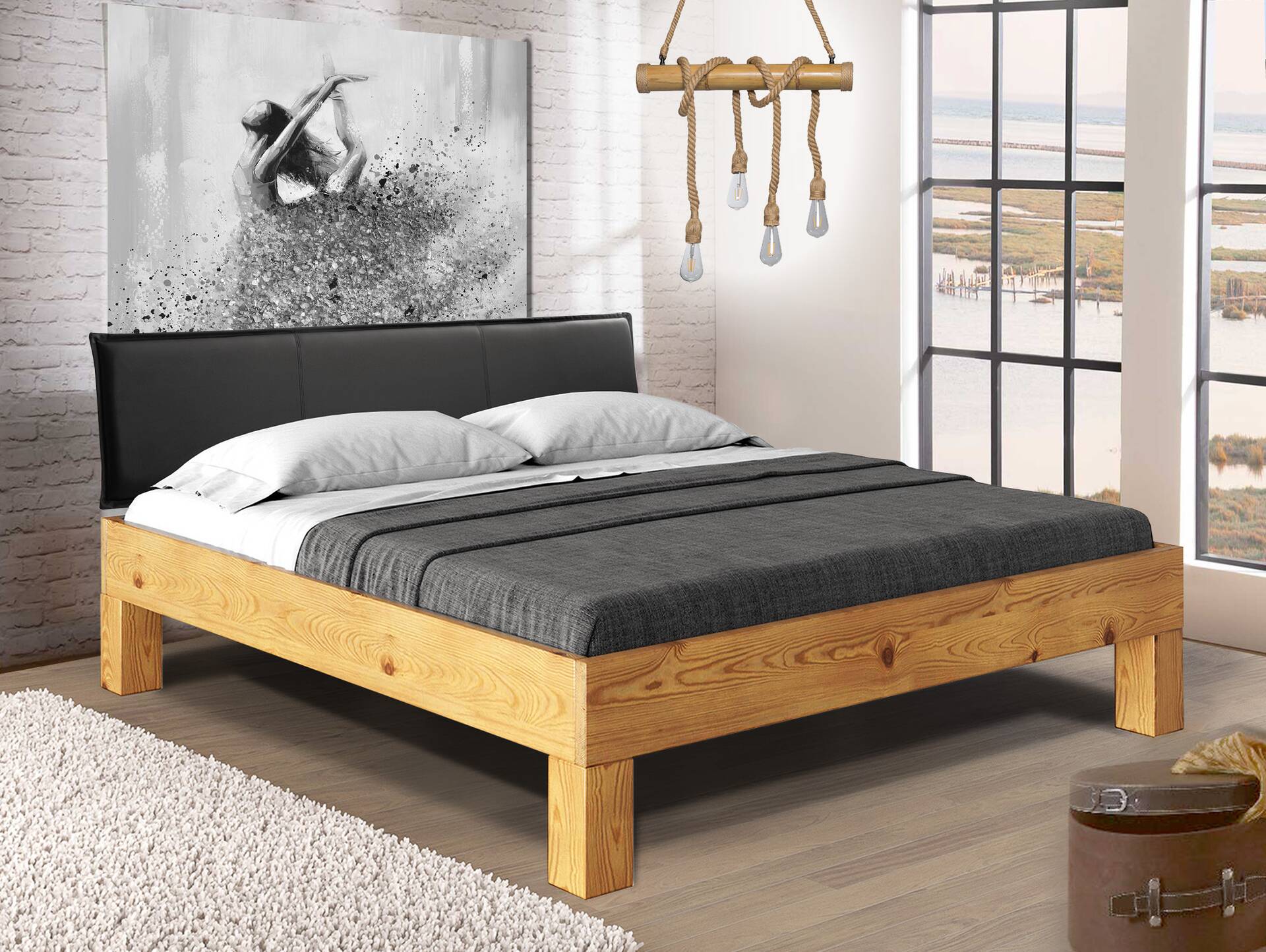 CURBY 4-Fuß-Bett mit Polster-Kopfteil, Material Massivholz, rustikale Altholzoptik, Fichte 140 x 200 cm | natur | Kunstleder Schwarz ohne Steppung | Standardhöhe