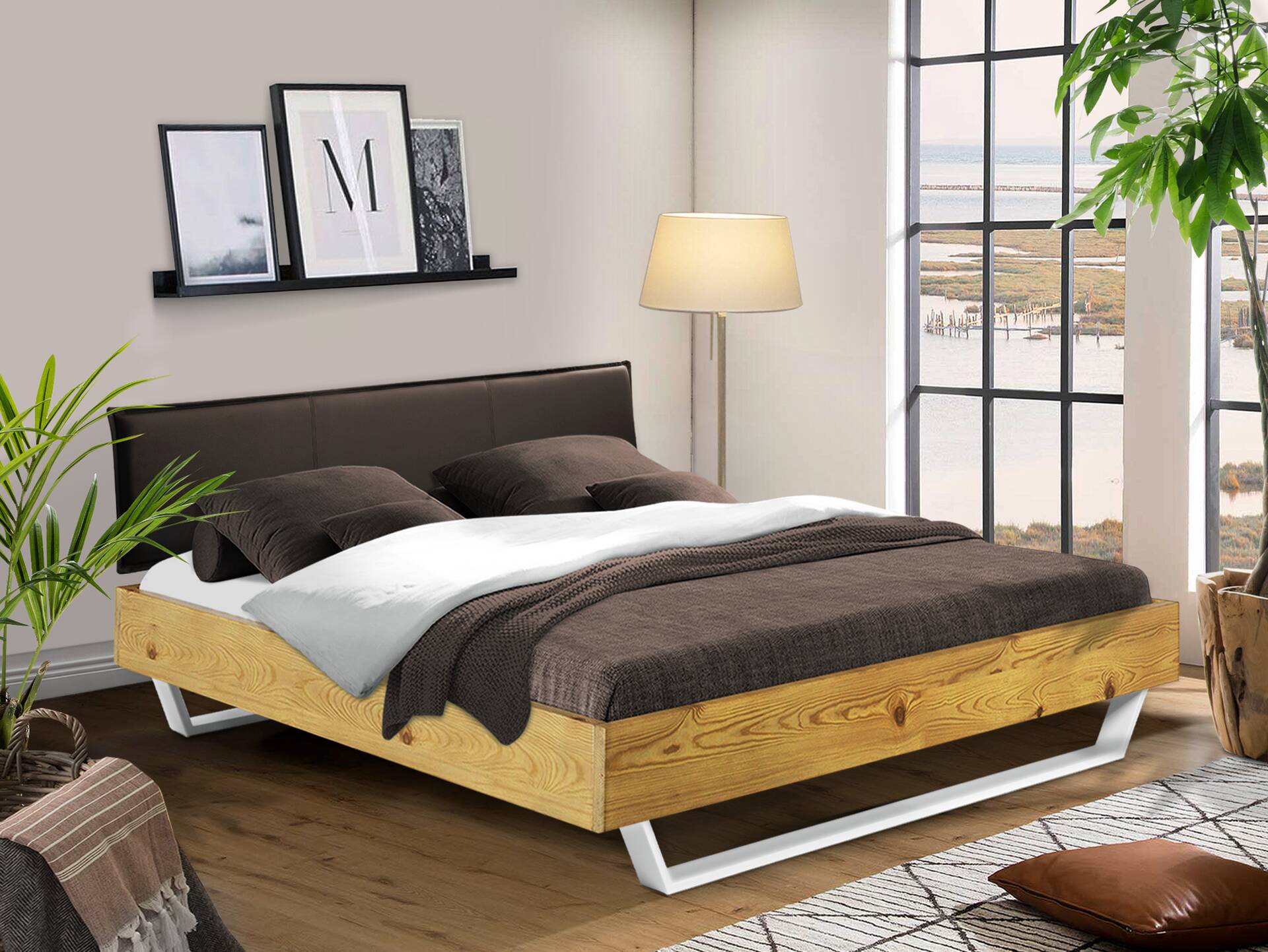 CURBY Kufenbett mit Polsterkopfteil, Material Massivholz, rustikale Altholzoptik, Fichte, Kufen weiss 120 x 200 cm | natur | Stoff Anthrazit