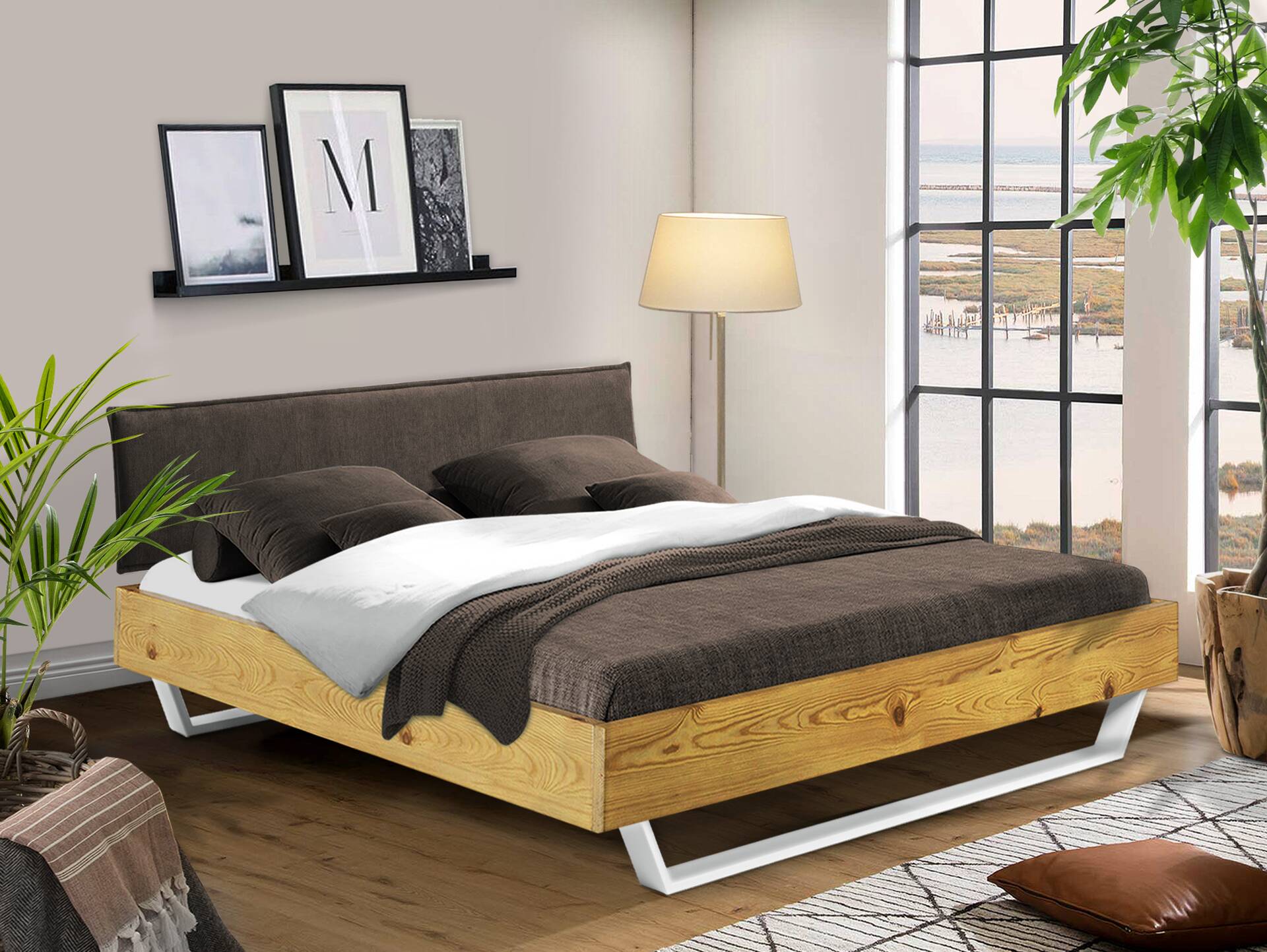 CURBY Kufenbett mit Polsterkopfteil, Material Massivholz, rustikale Altholzoptik, Fichte, Kufen weiss 120 x 200 cm | natur | Stoff Braun