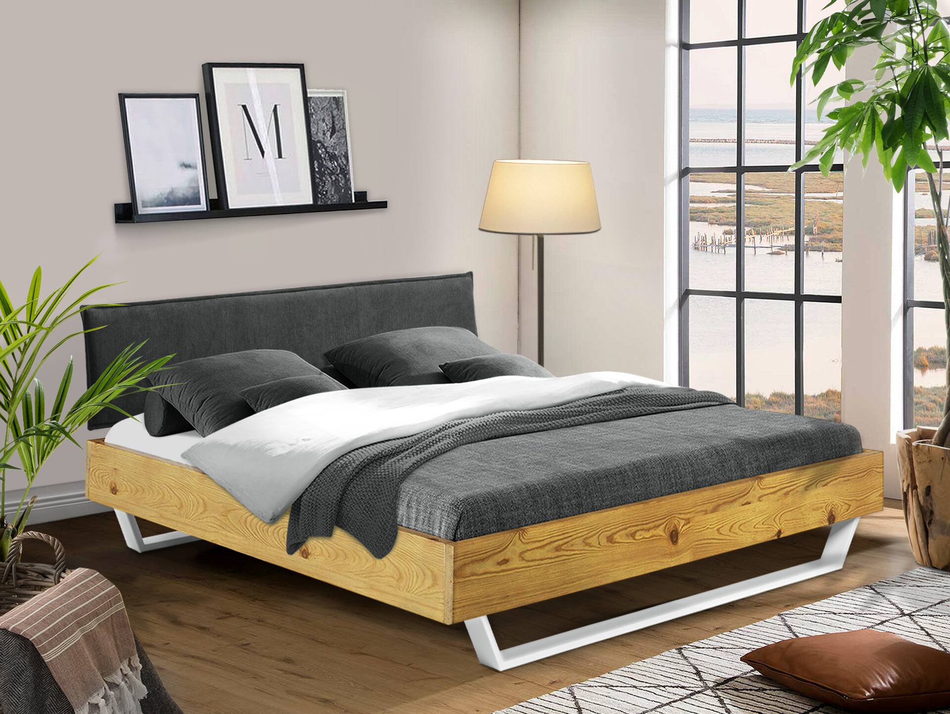 CURBY Kufenbett mit Polster-Kopfteil, Material Massivholz, rustikale Altholzoptik, Fichte, Kufen Weiß 120 x 200 cm | natur | Kunstleder Braun