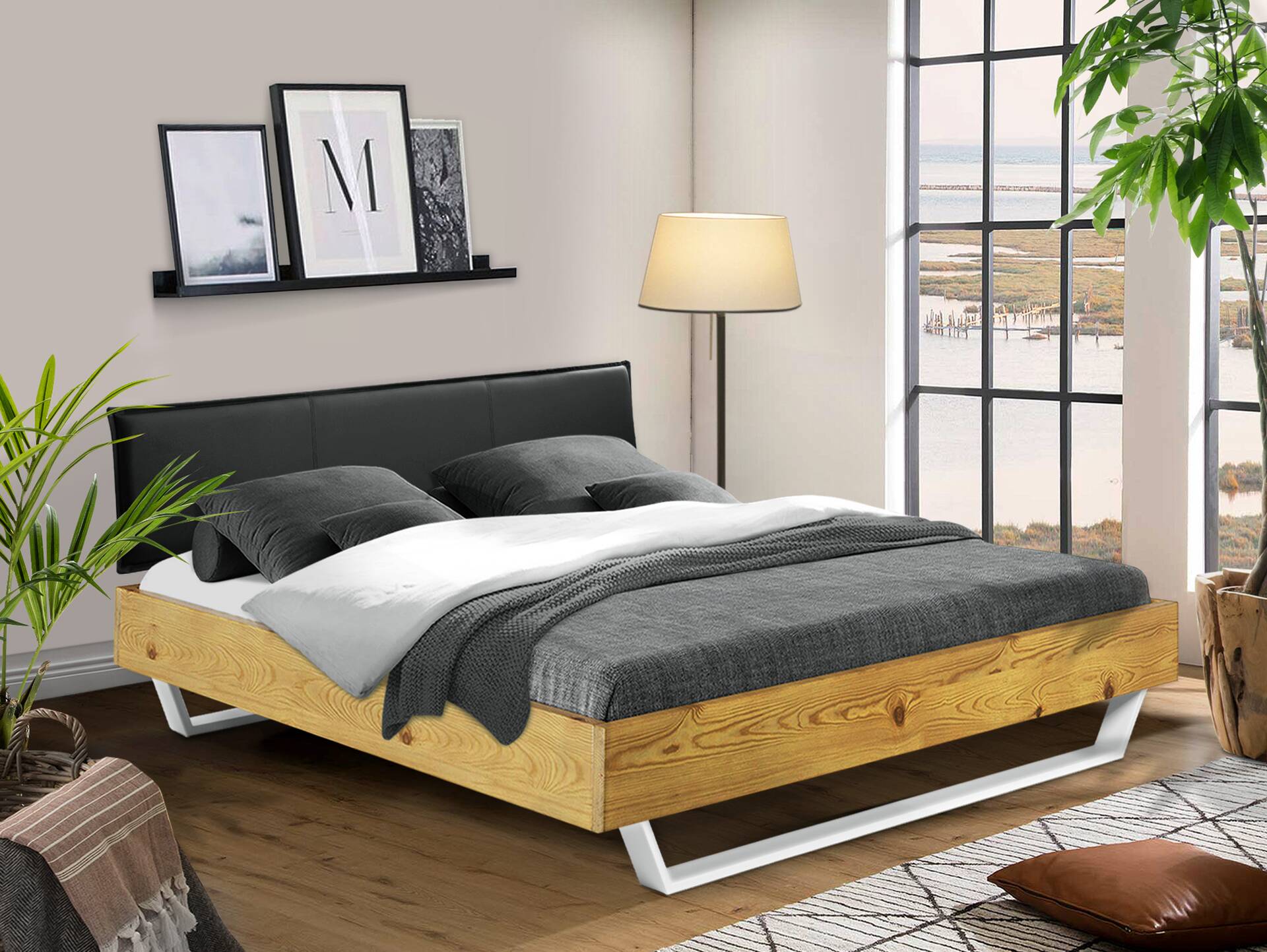 CURBY Kufenbett mit Polsterkopfteil, Material Massivholz, rustikale Altholzoptik, Fichte, Kufen weiss 120 x 200 cm | natur | Kunstleder Schwarz