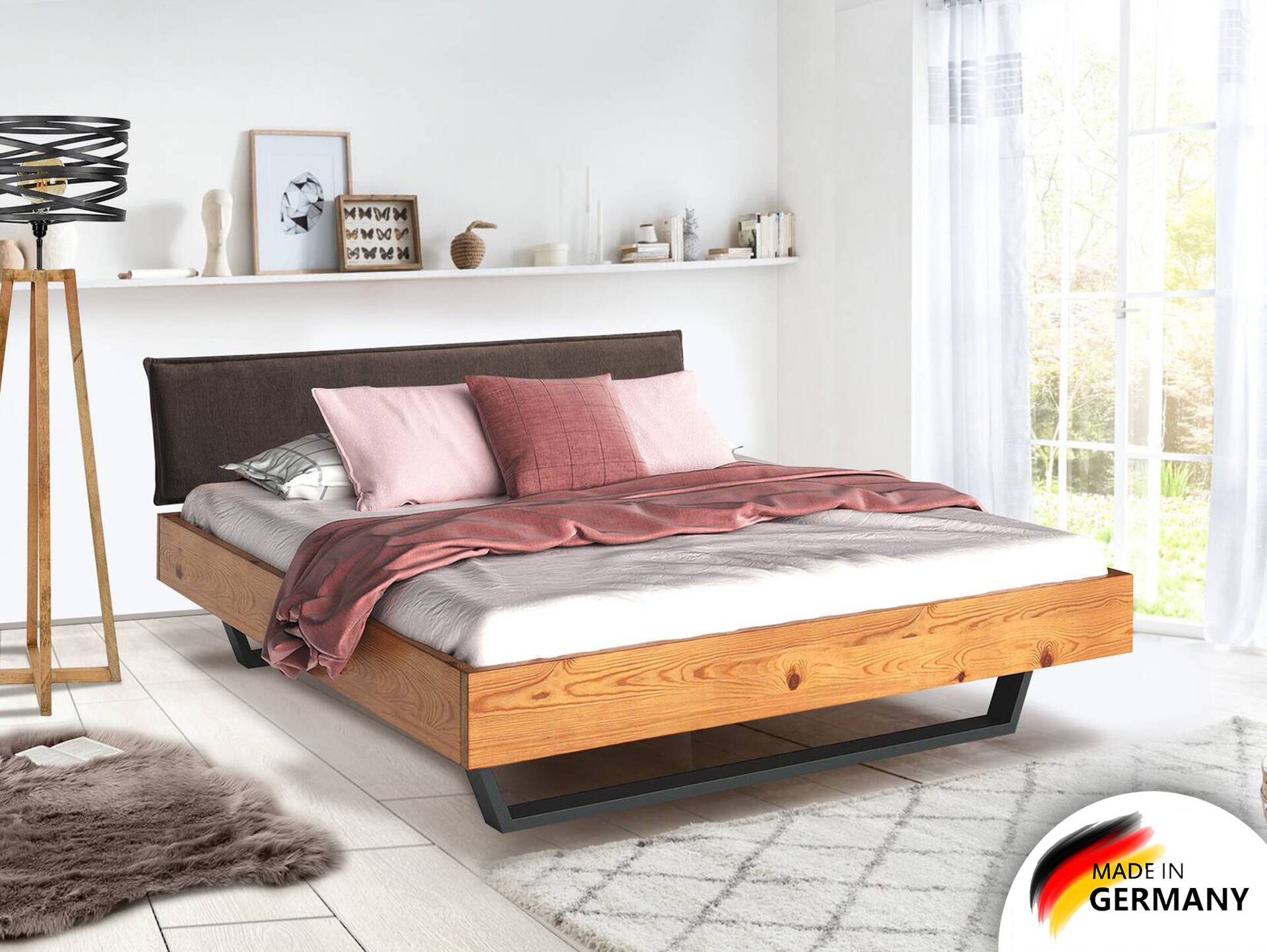 CURBY Kufenbett mit Polsterkopfteil, Material Massivholz, rustikale Altholzoptik, Fichte, Kufen schwarz 120 x 200 cm | natur | Stoff Anthrazit ohne Steppung