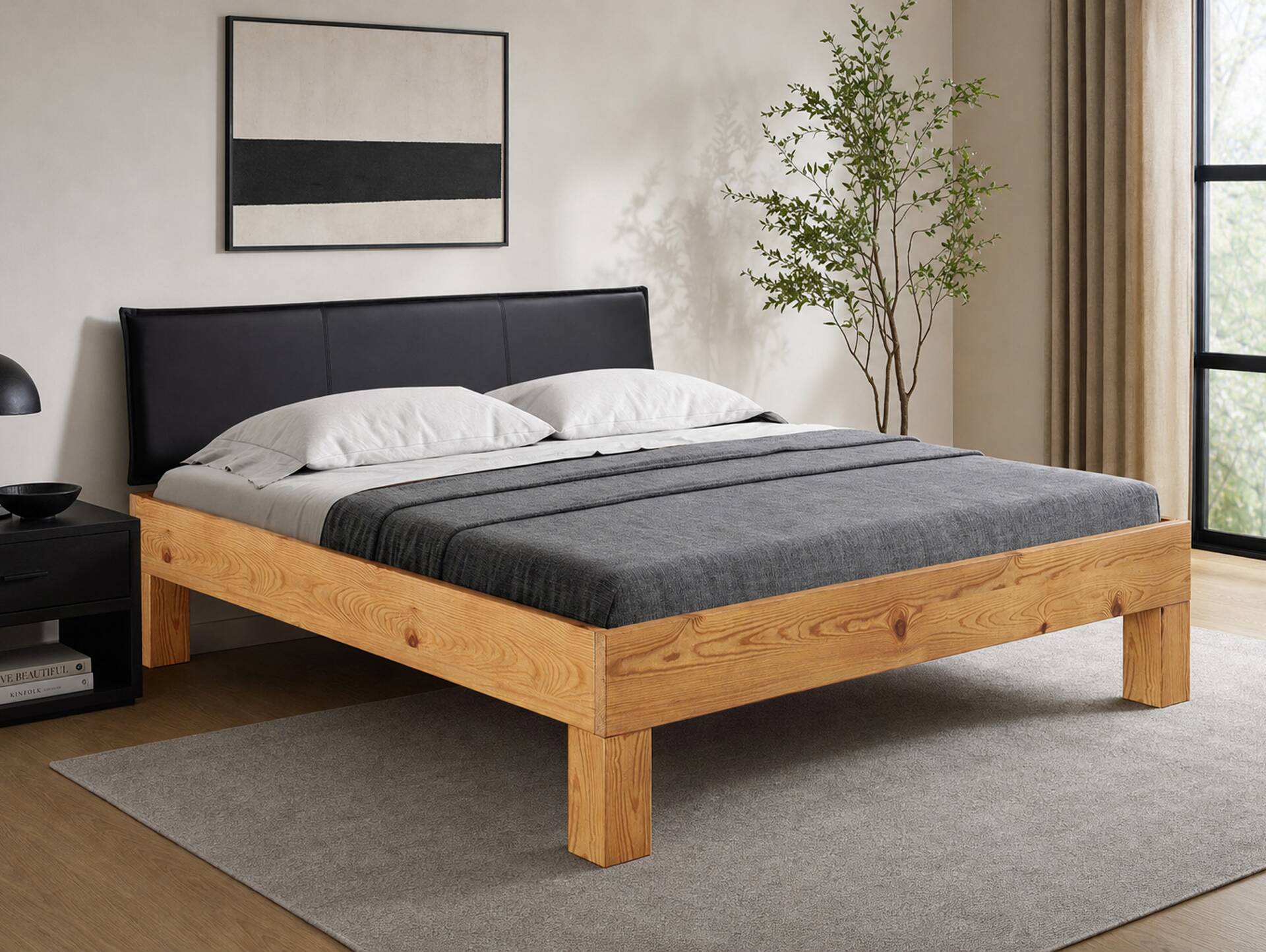 CURBY 4-Fuß-Bett mit Polsterkopfteil, Material Massivholz, rustikale Altholzoptik, Fichte 120 x 200 cm | natur | Kunstleder Schwarz ohne Steppung | Standardhöhe
