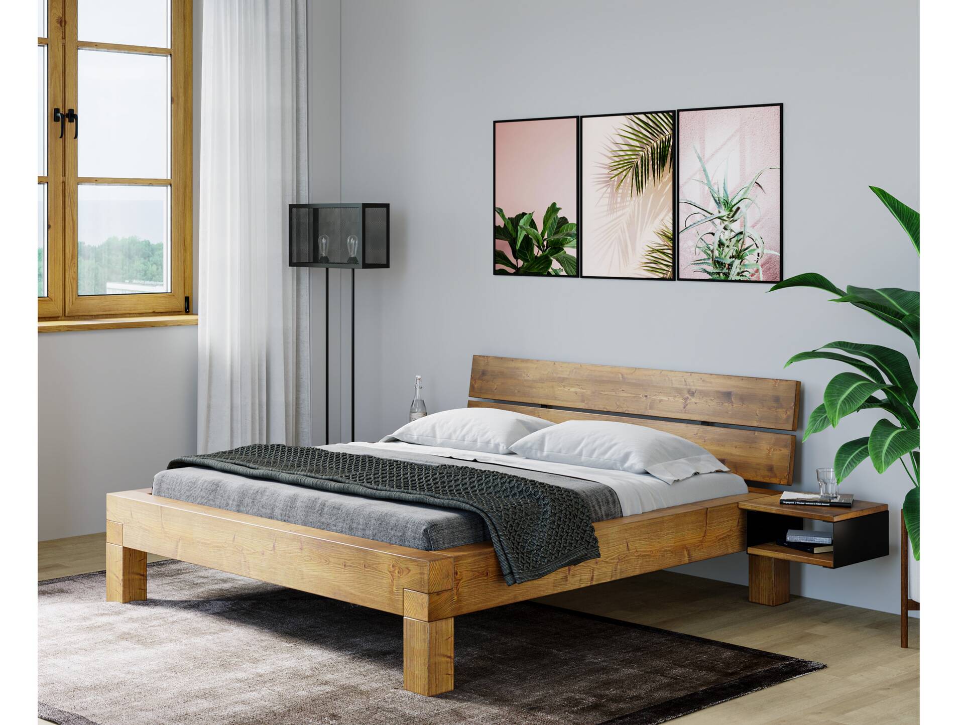 CURBY 4-Fuß-Balkenbett mit Kopfteil, Material Massivholz, Thermo-Fichte 200 x 200 cm | vintage | Standardhöhe
