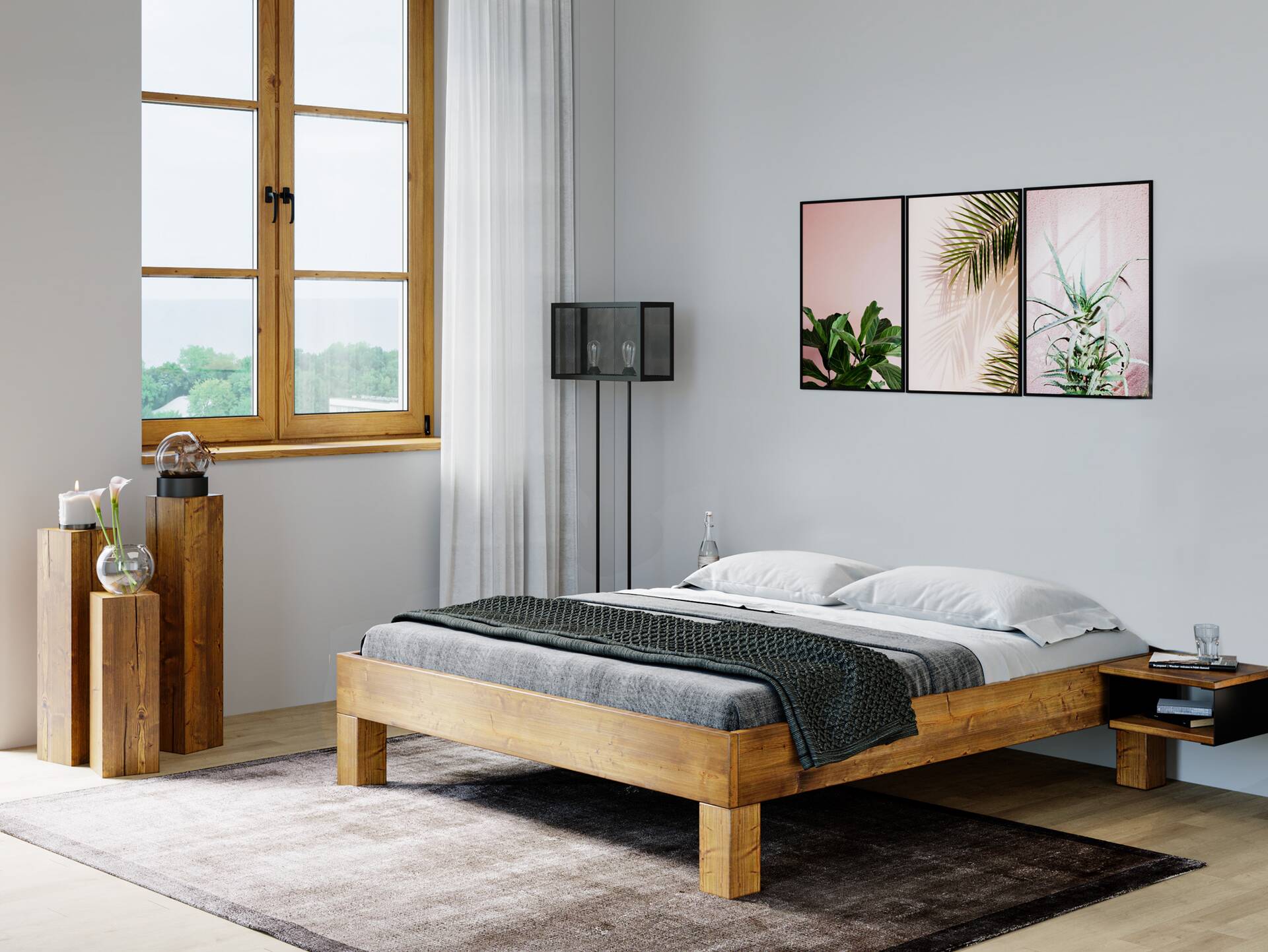 CURBY 4-Fuß-Bett ohne Kopfteil, Material Massivholz, rustikale Altholzoptik, Fichte 90 x 200 cm | vintage | Standardhöhe