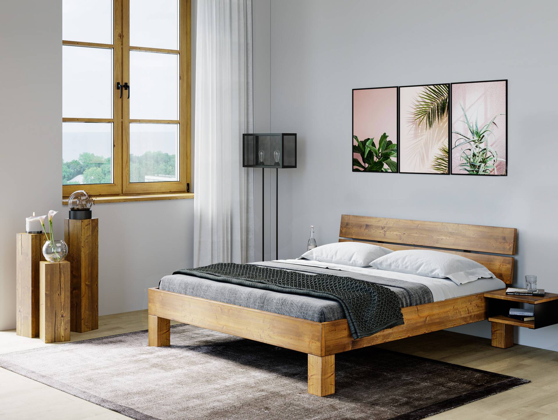 CURBY 4-Fuß-Bett mit Kopfteil, Material Massivholz, rustikale Altholzoptik, Fichte 90 x 200 cm | vintage | Standardhöhe