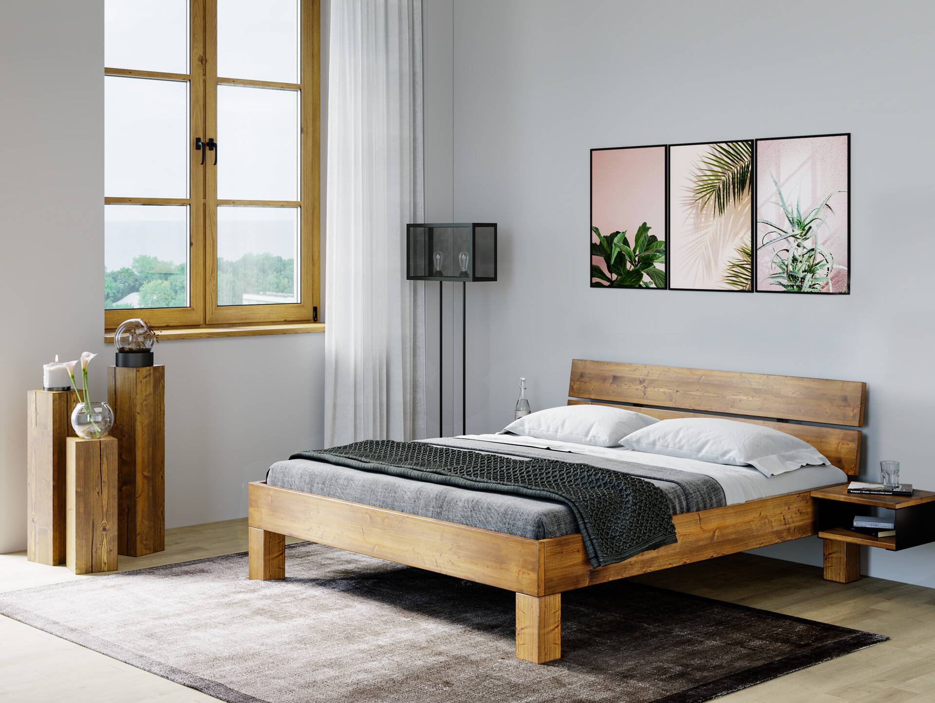CURBY 4-Fuß-Bett mit Kopfteil, Material Massivholz, rustikale Altholzoptik, Fichte 160 x 200 cm | vintage | Standardhöhe