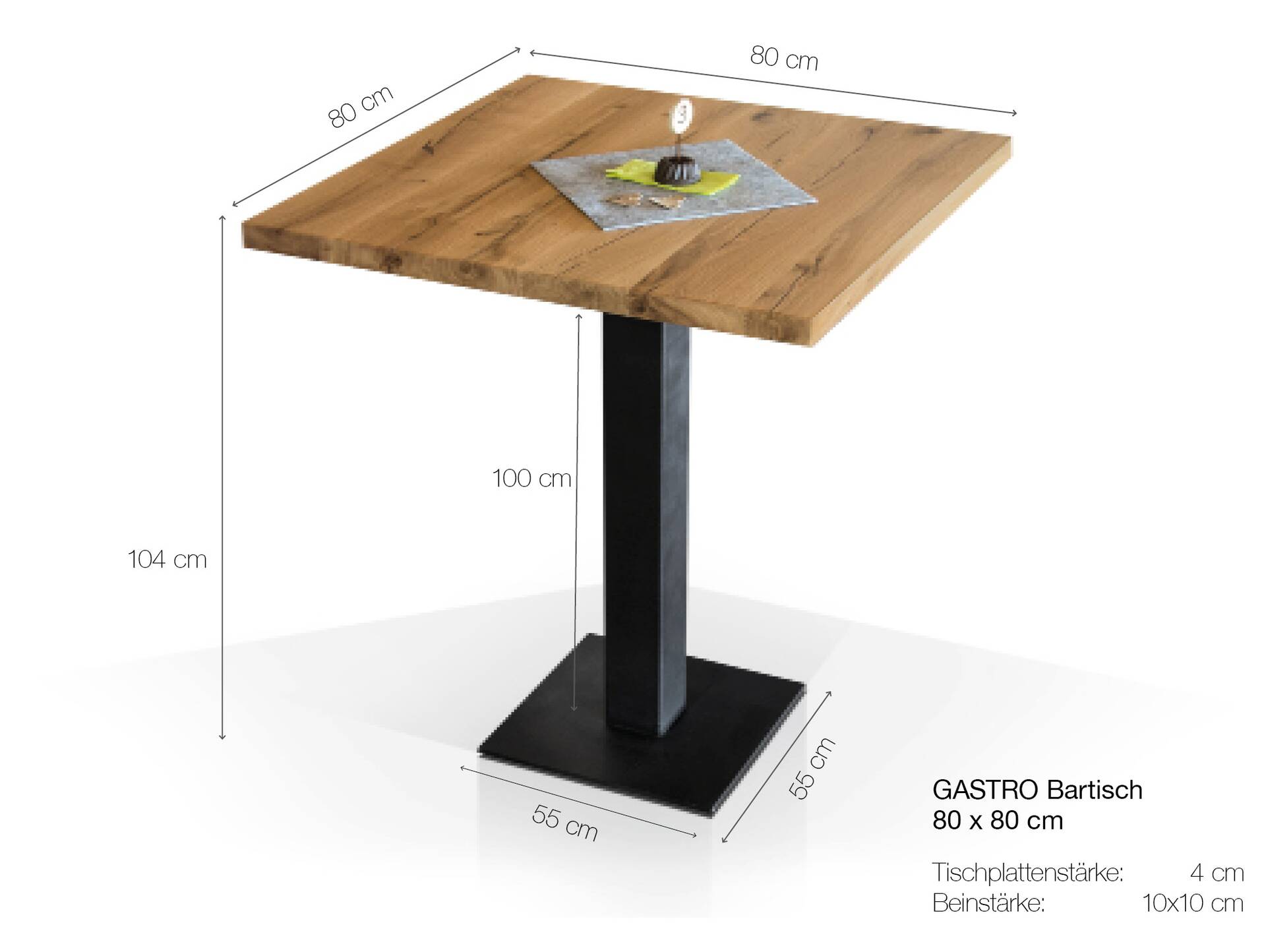 GASTRO Bartisch, Material Massivholz/Metall, Eiche lackiert 80 x 80 cm