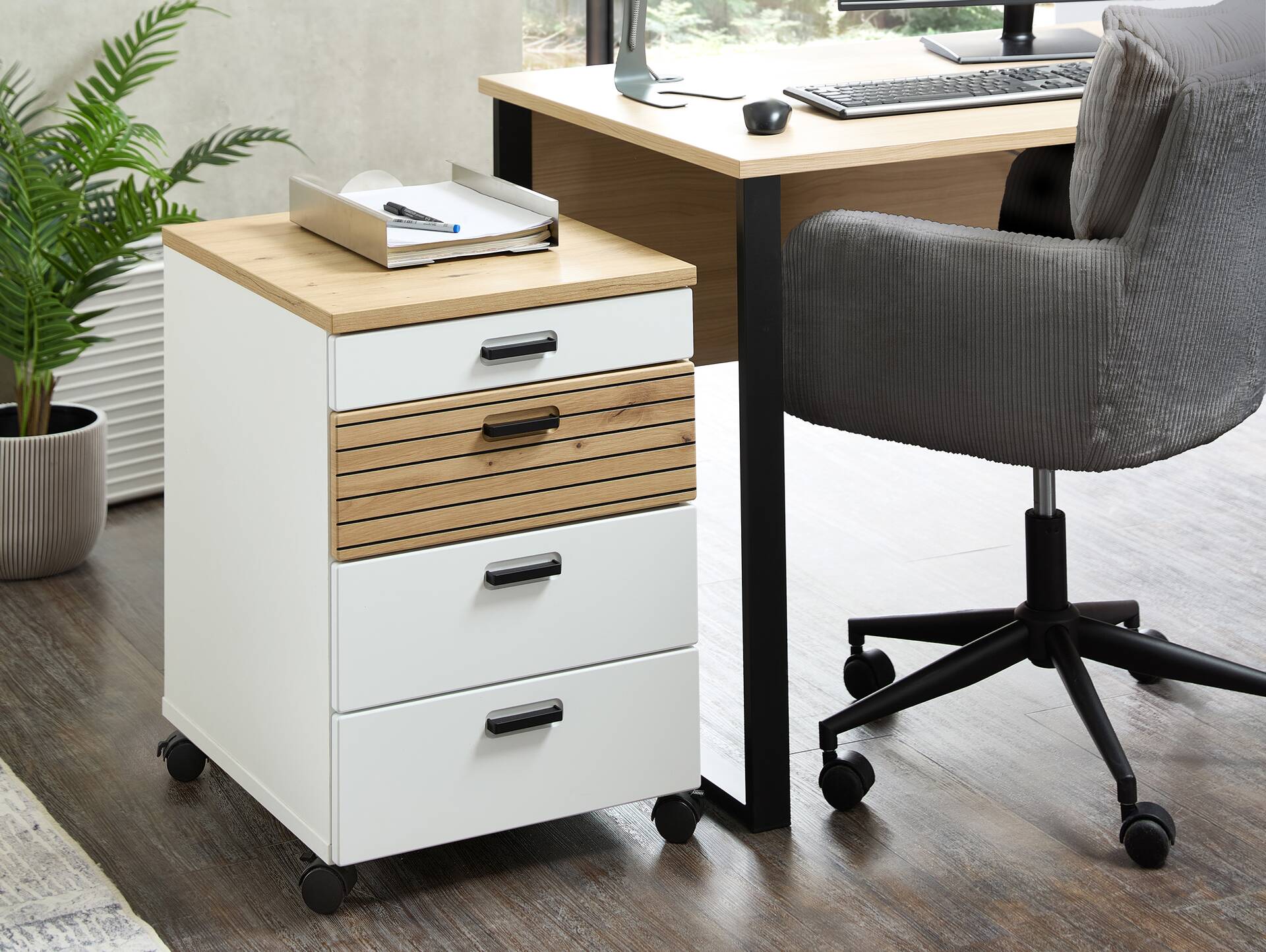 GENNY Rollcontainer, Material Dekorspanplatte Weiss / Artisan Eichefarbig