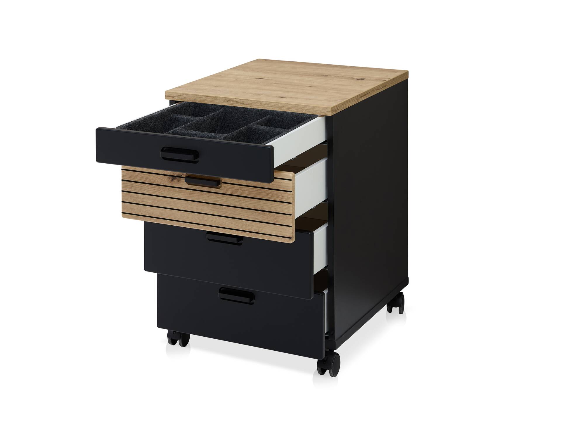 GENNY Rollcontainer, Material Dekorspanplatte Schwarz / Artisan Eichefarbig