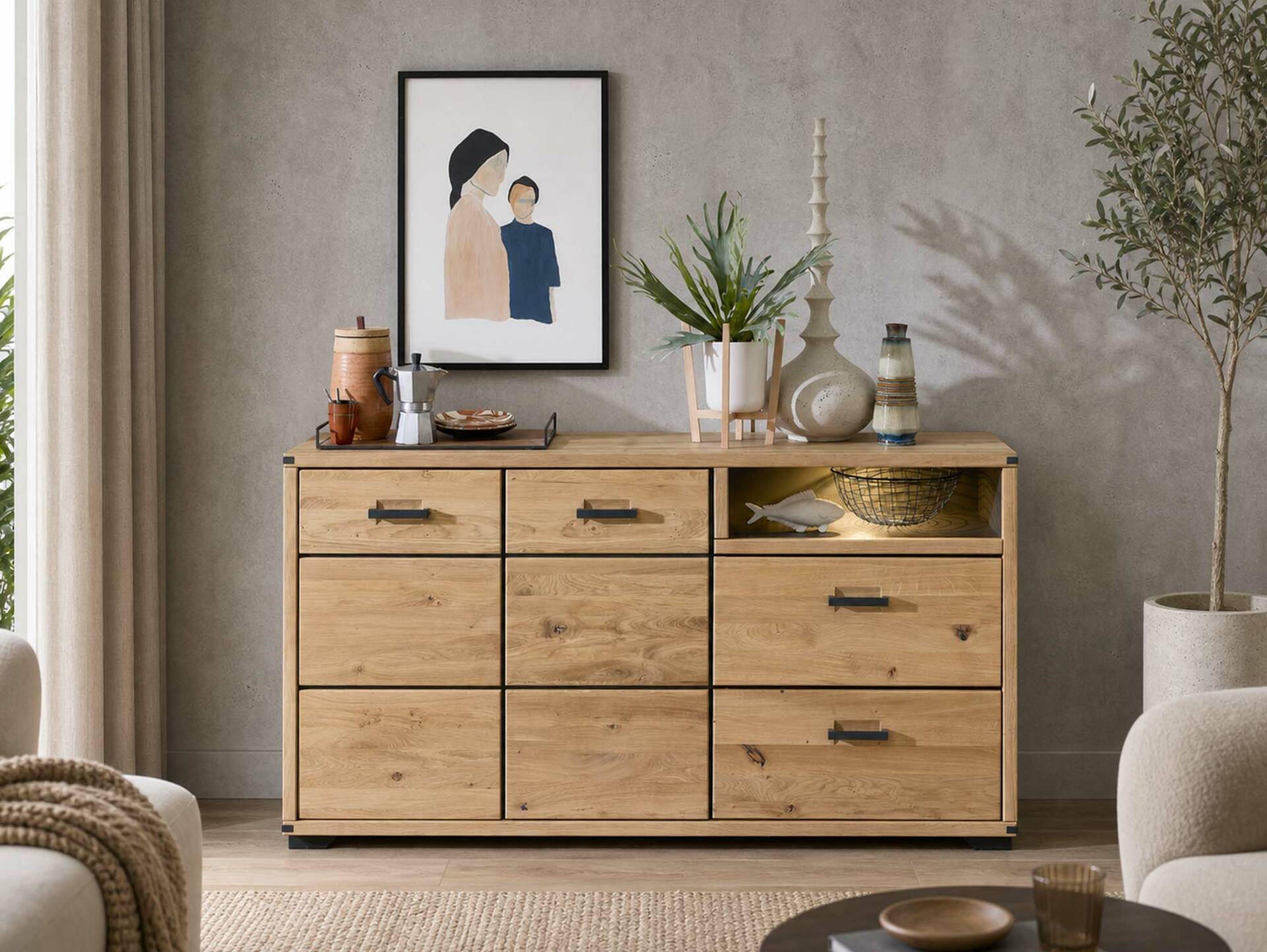 GOJA Sideboard I, Material teilmassiv, Artisan Wildeiche/graphitfarbig 