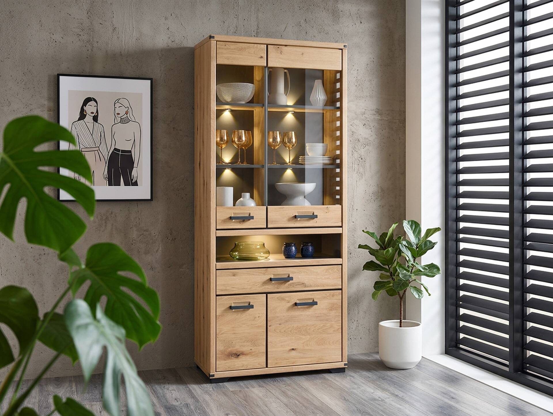 GOJA Vitrine II, Material teilmassiv, Artisan Wildeiche/graphitfarbig 
