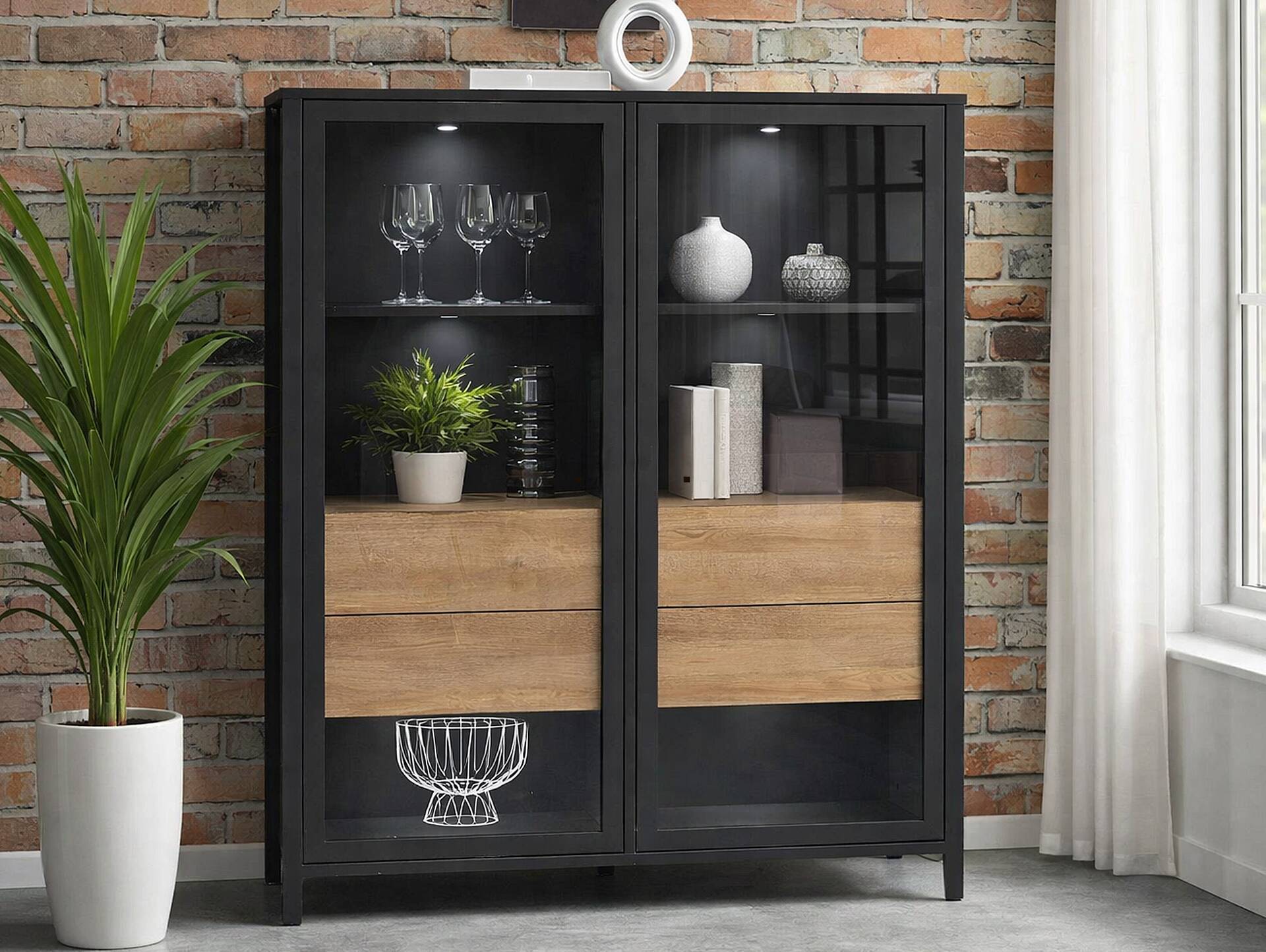 HAVANO Vitrine breit, Material Dekorspanplatte, Riviera eichefarbig/schwarz 