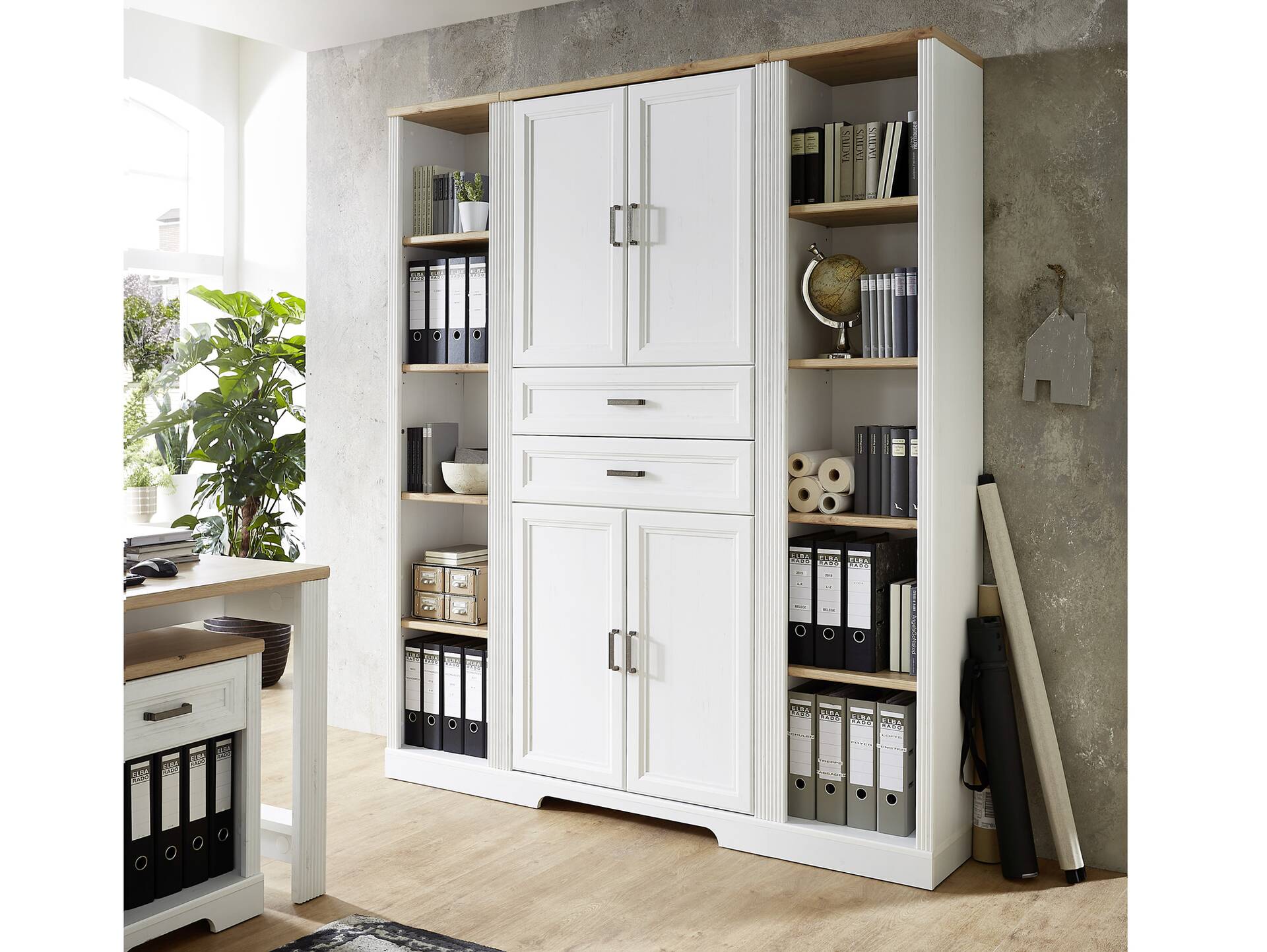 JADY Büroschrank, 4 Türen + 2 Schubkästen, Material MDF/Dekorspanplatte piniefarbig hell/eichefarbig