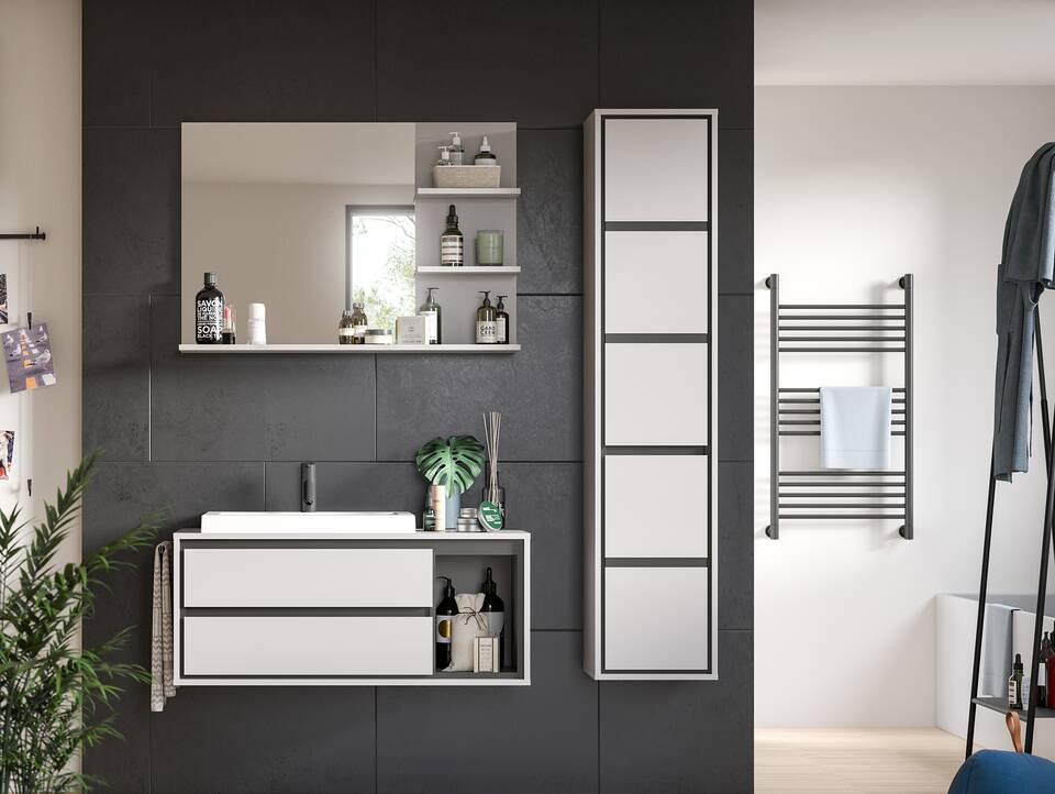 JOSSI Badspiegel mit Regal, Material Dekorspanplatte, Grau 