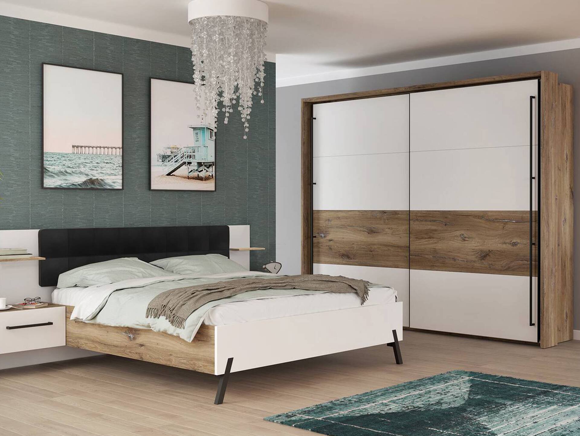 KACY Komplett Schlafzimmer, Material Dekorspanplatte, Flagstaff Eichefarbig/Weiß 