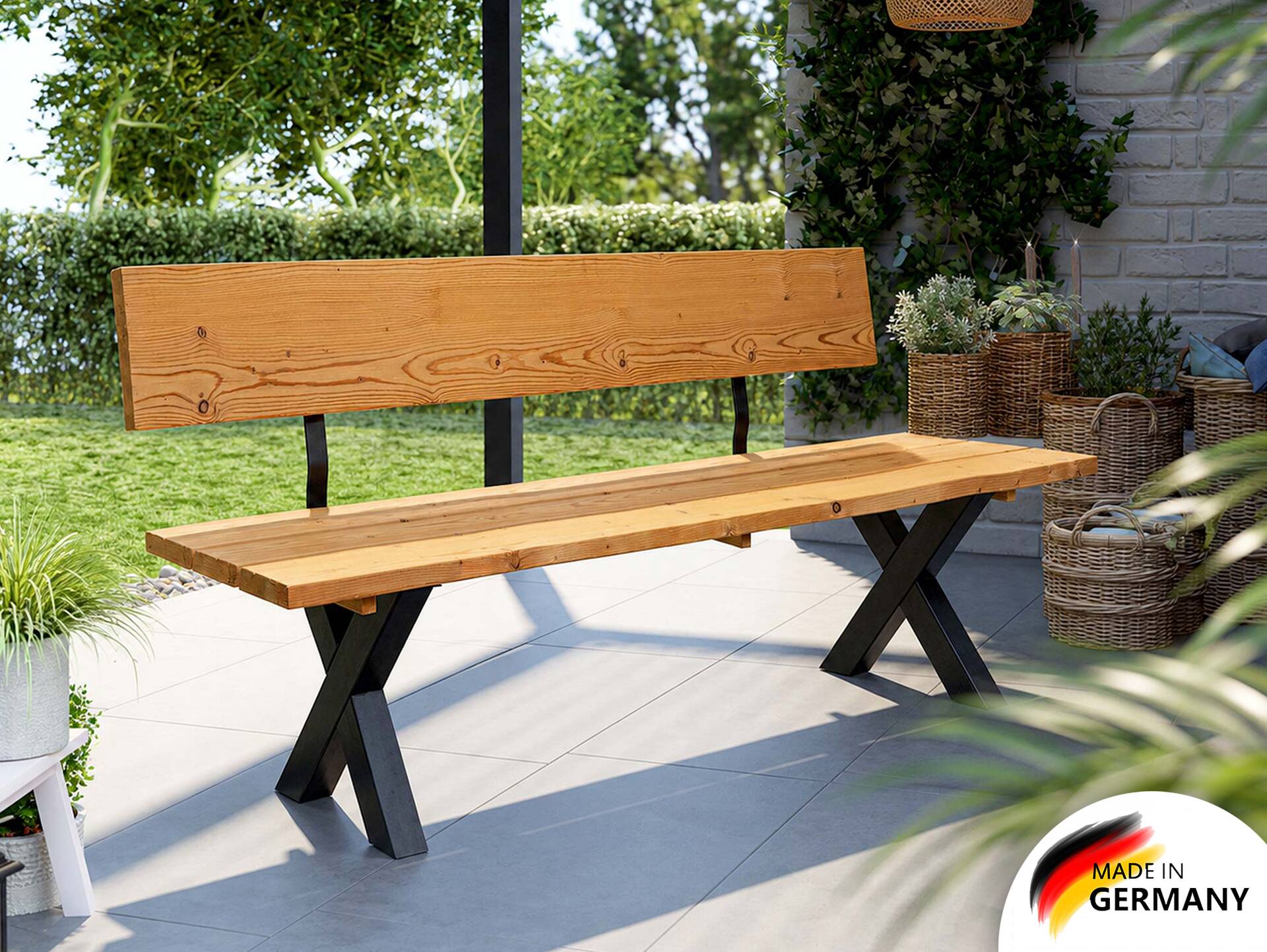 KENTUCKY Sitzbank / Gartenbank mit X-Beinen, Altholzoptik, Material Massivholz, THERMO-Fichte gebürstet/lasiert 160 cm | mit Rückenlehne | natur