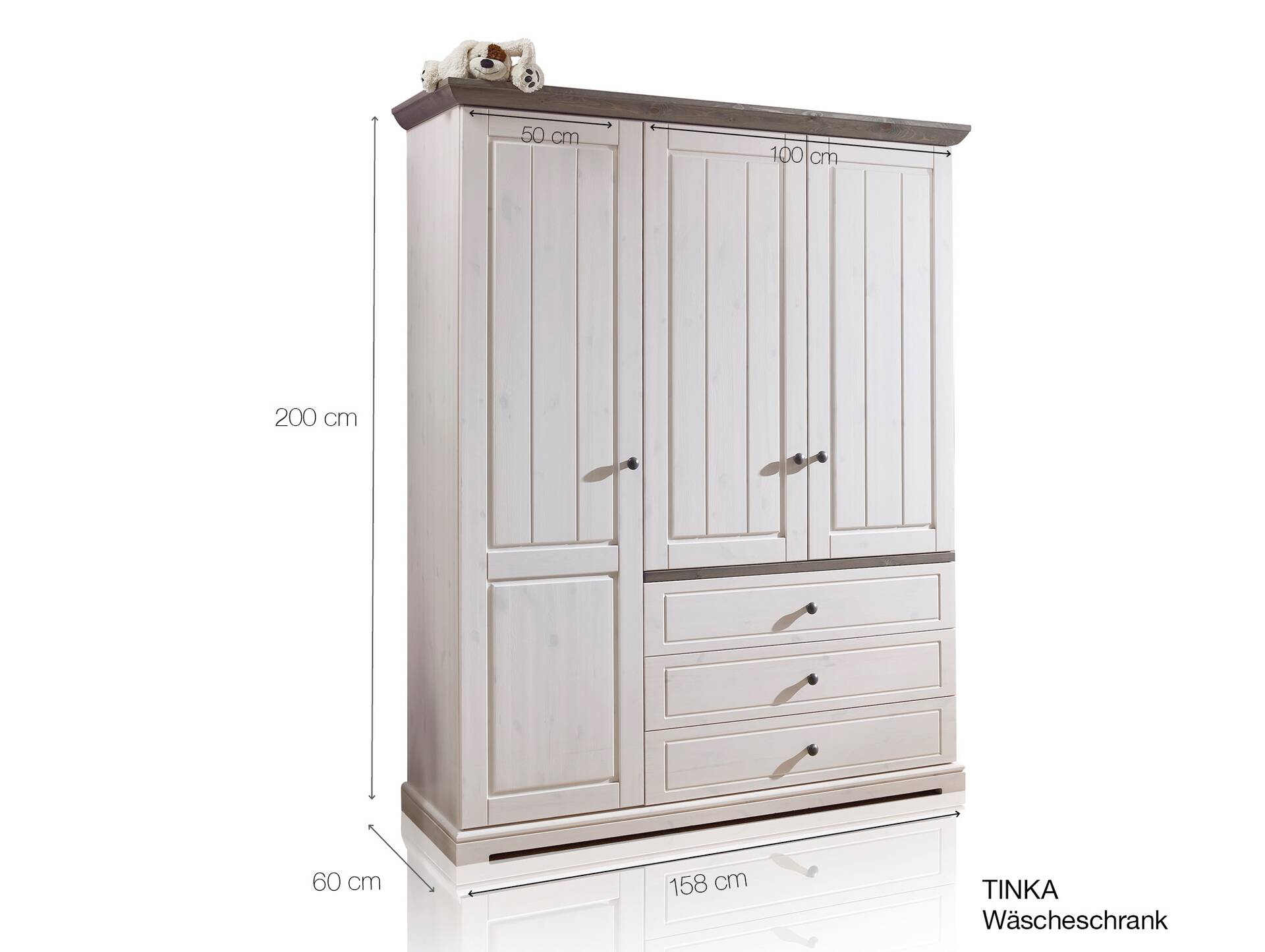 TINKA Kleiderschrank 3trg, Material Massivholz, Kiefer weiss/grau 