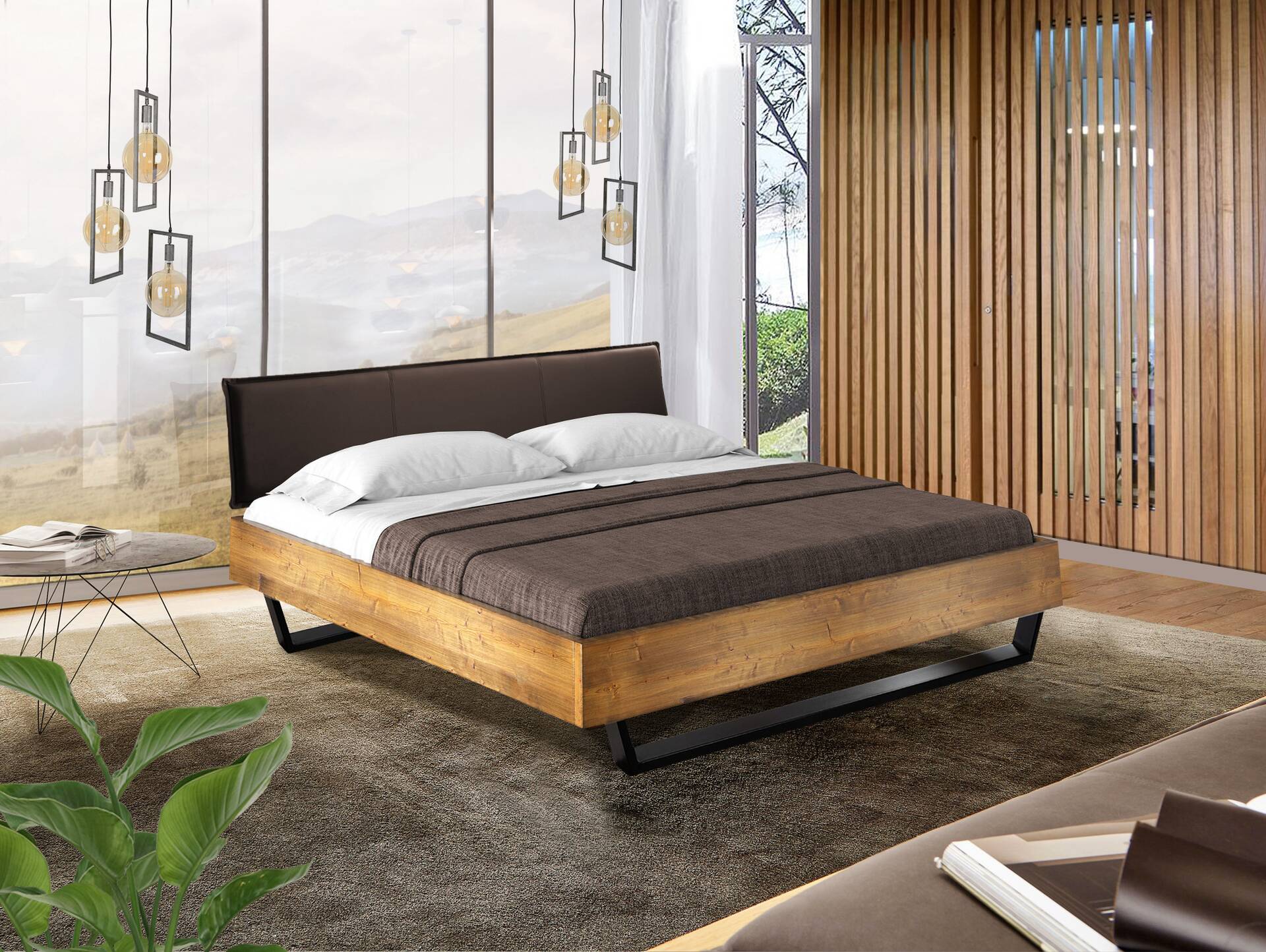 CURBY Kufenbett mit Polsterkopfteil, Material Massivholz, rustikale Altholzoptik, Fichte, Kufen schwarz 140 x 200 cm | vintage | Kunstleder Braun ohne Steppung