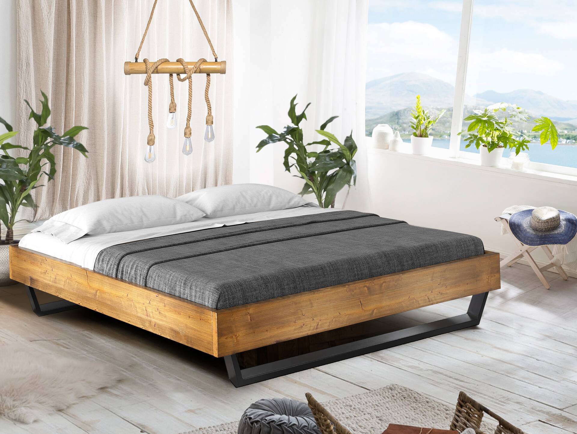 CURBY Kufenbett ohne Kopfteil, Material Massivholz, rustikale Altholzoptik, Fichte, Kufen schwarz 90 x 200 cm | vintage