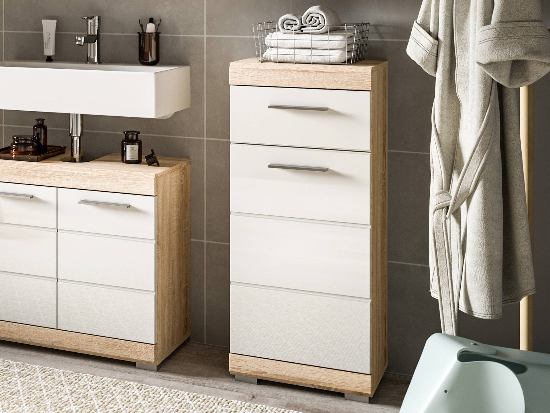 LUCERA Standschrank fürs Badezimmer, Material Dekorspanplatte, Weiss/Sonoma Eiche Nachbildung 