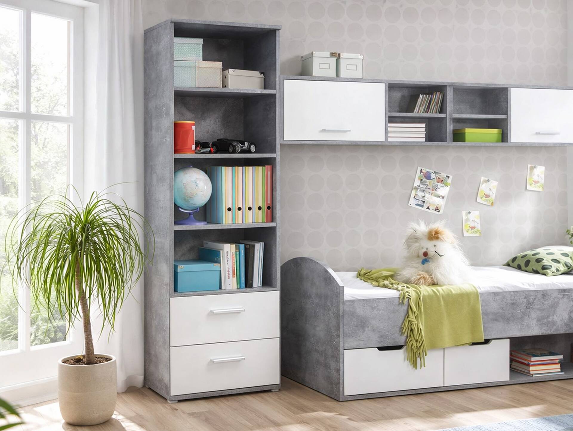 LILLY Regal mit 2 Schubkästen, Material Dekorspanplatte, betongrau/weiss 