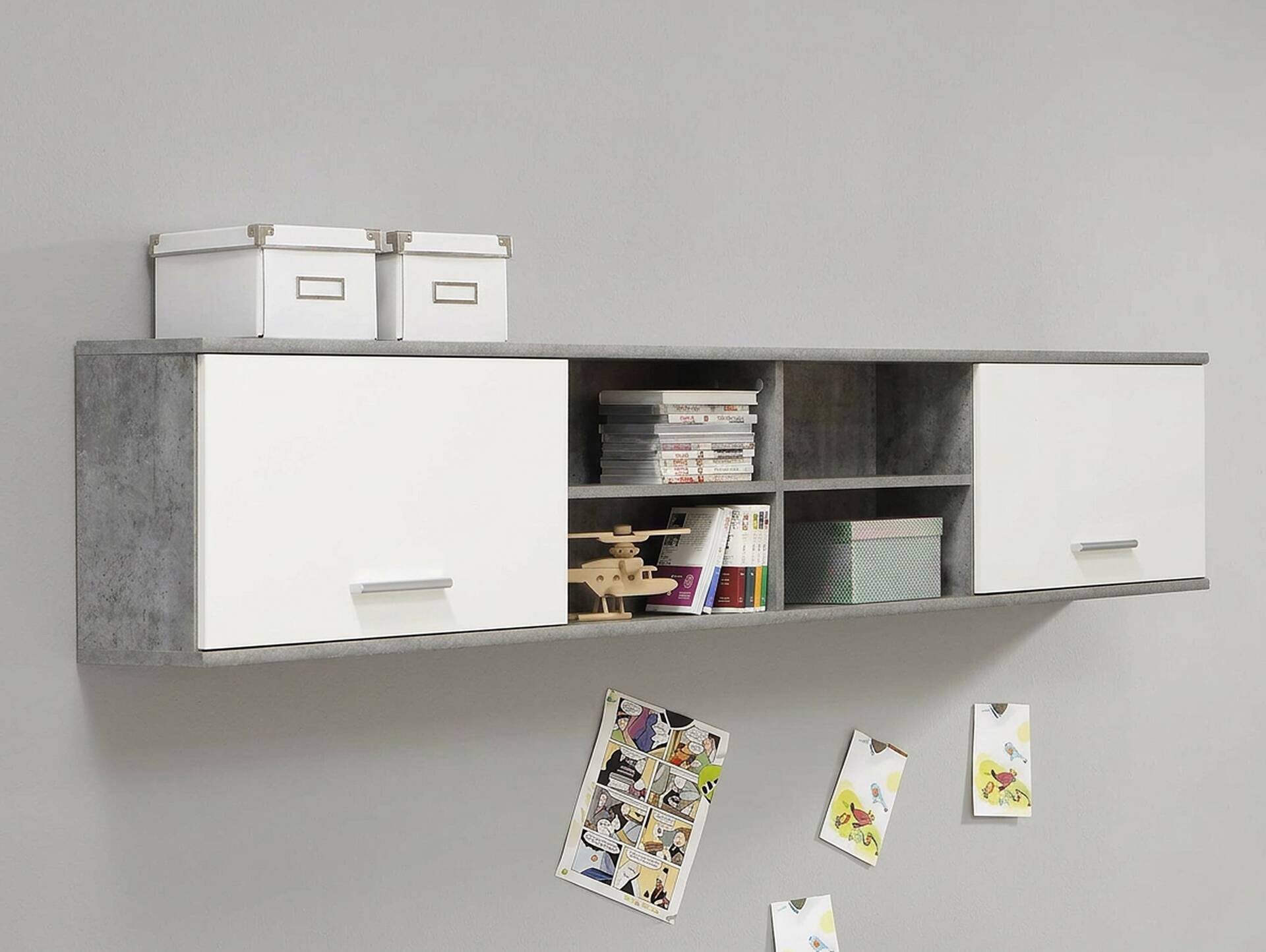 LILLY Wandregal mit 2 Türen, Material Dekorspanplatte, betonfarbig/weiss 