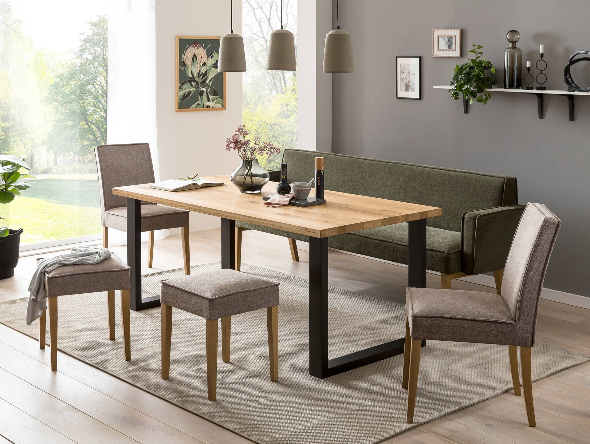 LORAN Polsterbank/Küchenbank ohne Armlehnen, Material Massivholz Eiche, Stoffbezug in 2 Farben erhältlich 