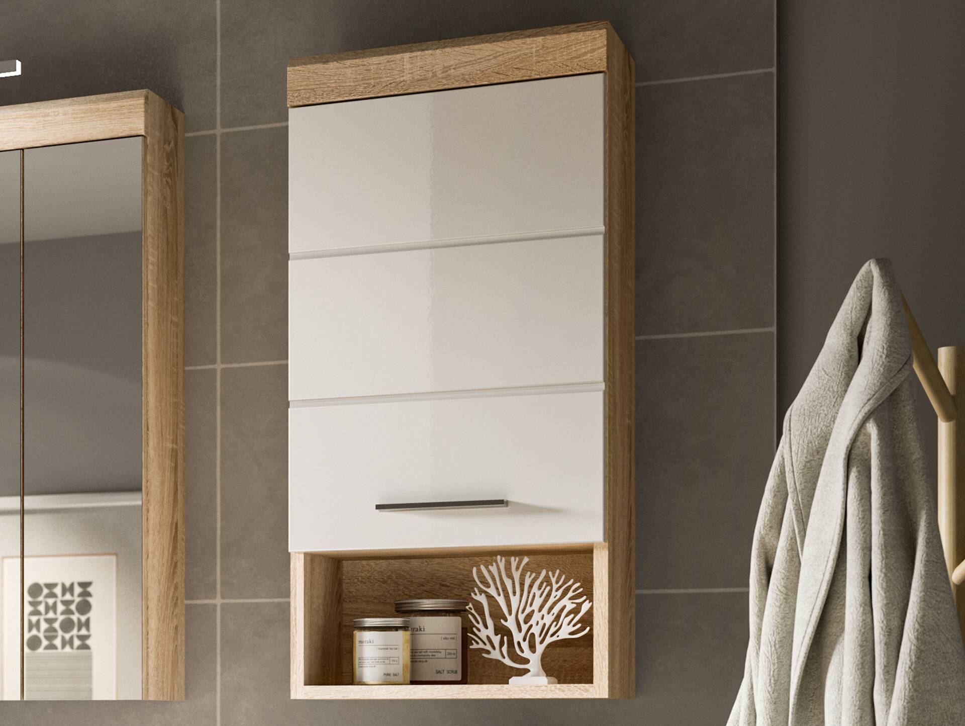 LUCERA Hängeschrank fürs Badezimmer, Material Dekorspanplatte, Weiss/Eiche Sonoma Nachbildung 