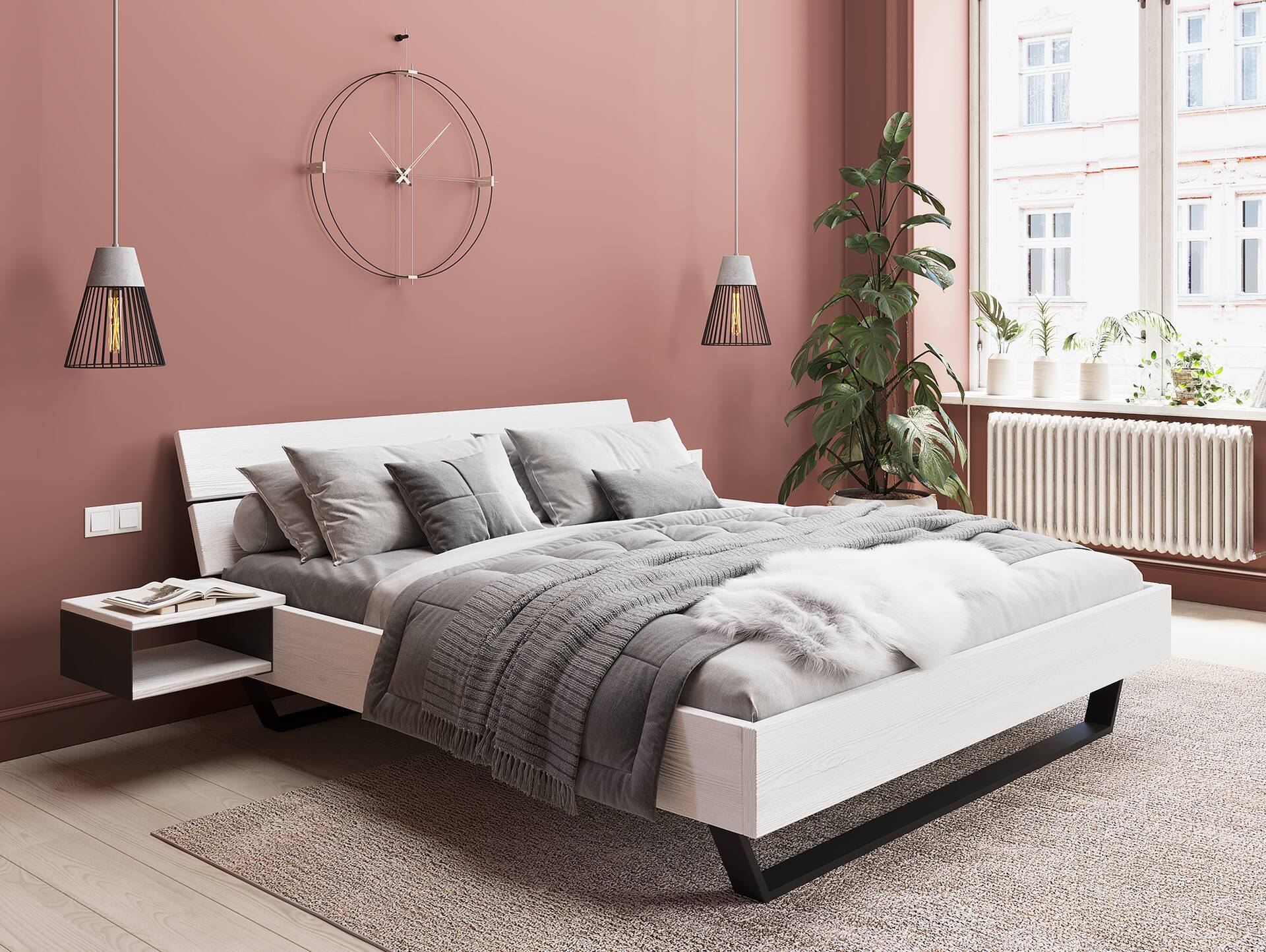 LUKY Kufenbett mit Kopfteil, Material Massivholz, Fichte weiss/Kufen schwarz 90 x 220 cm | mit Kopfteil