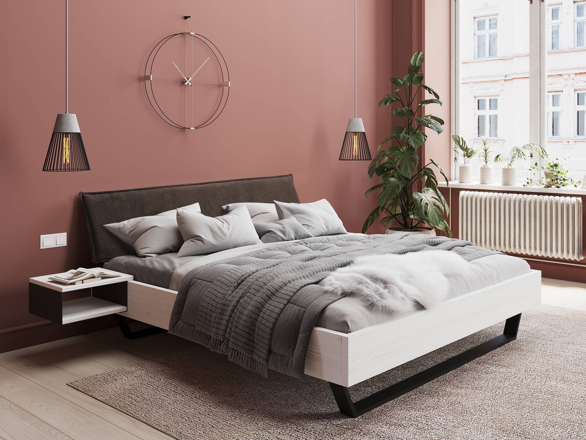 LUKY Kufenbett mit Polsterkopfteil, Material Massivholz, Fichte weiss/Kufen schwarz 120 x 200 cm | Stoff Braun
